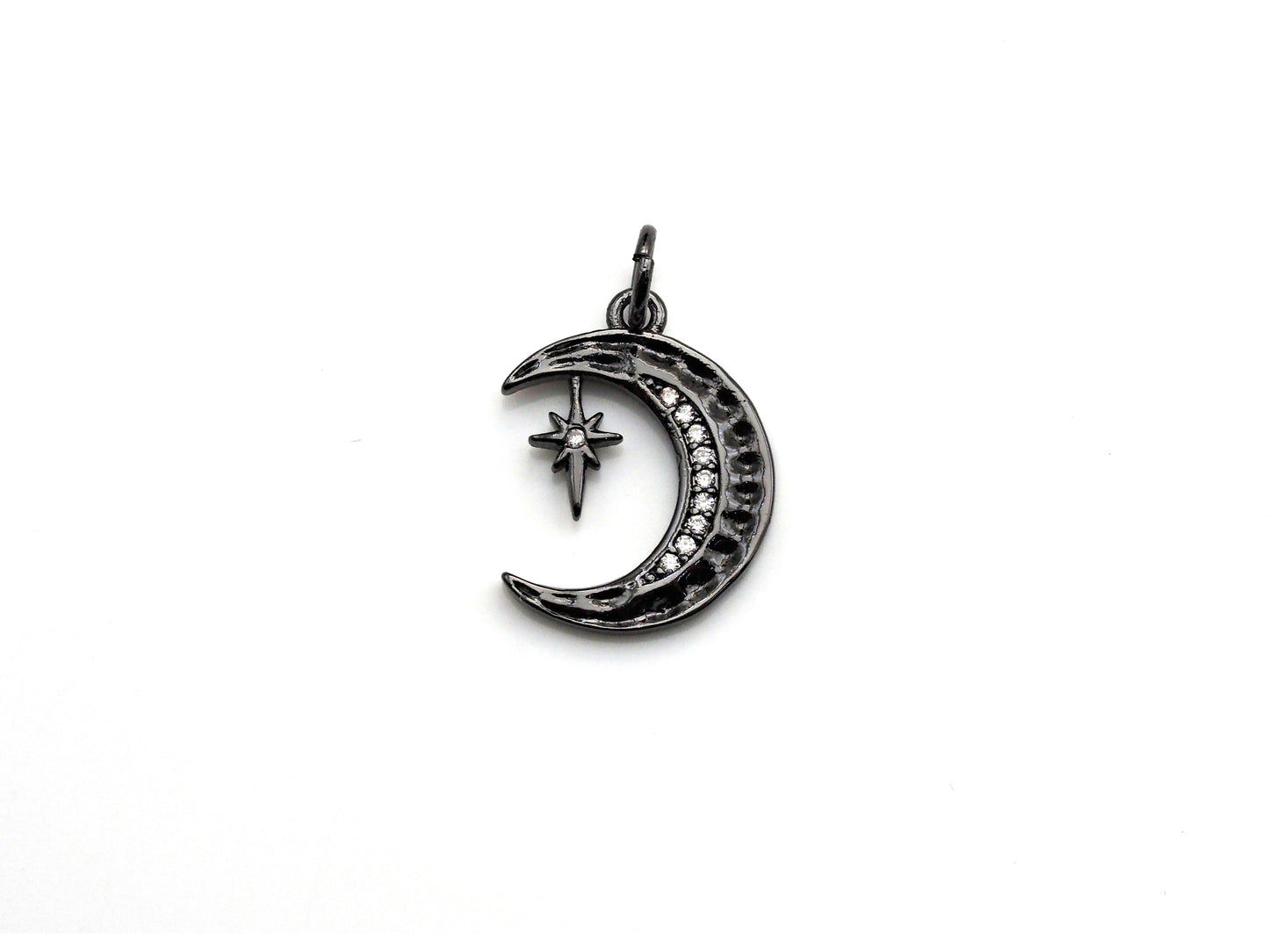 CZ Micro Pave Moon with North Star Pendant, Cubic Zirconia Pave Pendant/Charm, Necklace Pave Pendant, 13x17mm, sku#Z829