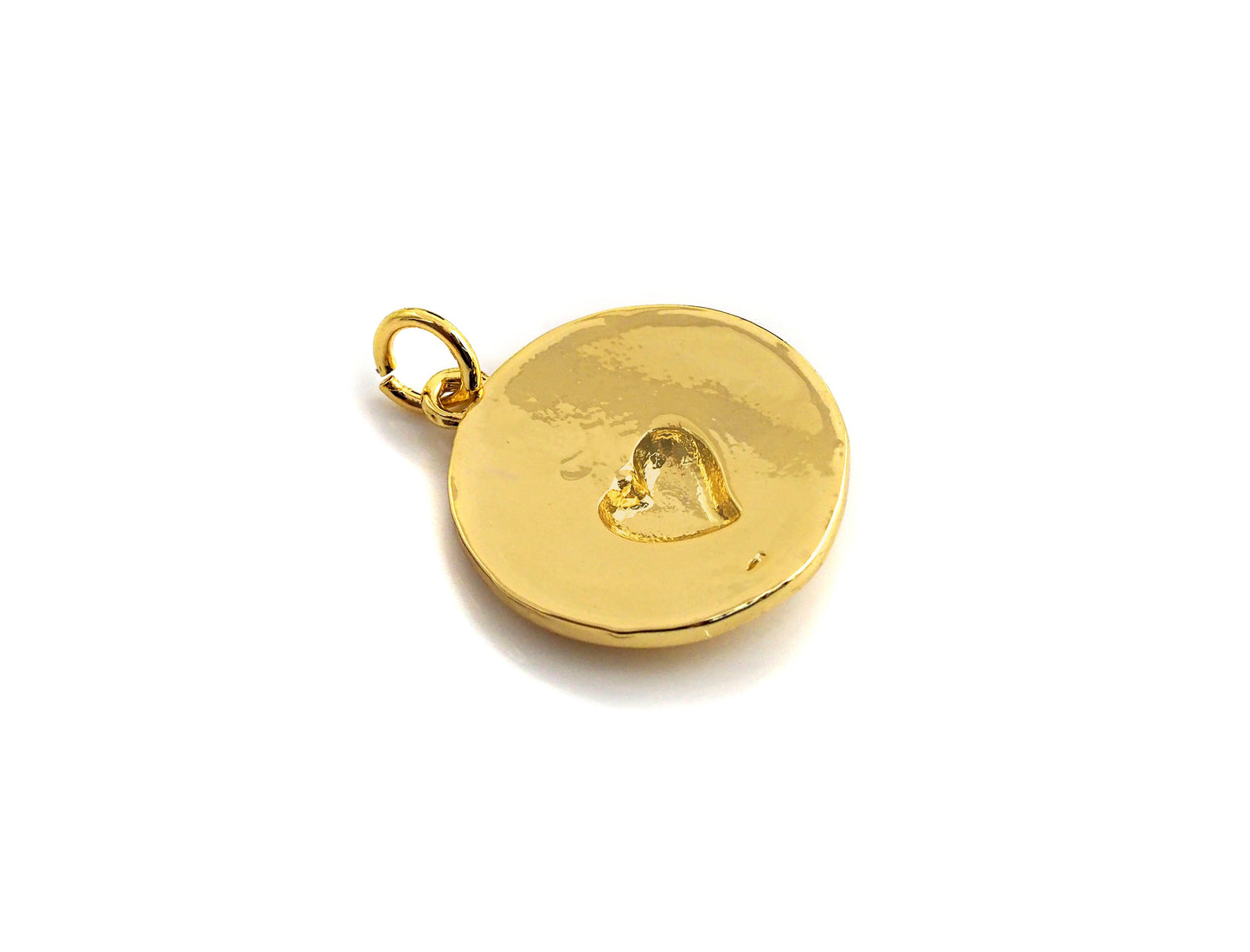 Medallion Heart Pendant/Charm, Embossment Heart Disc Pendant, Cubic Zirconia Pendant, Gold Tone, 18x20mm, Sku#Z693