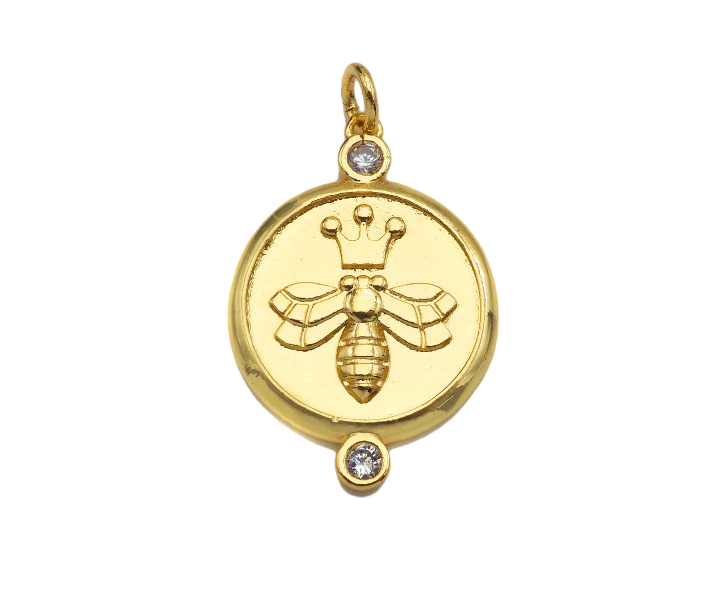 CZ Micro Pave Bee Crown On Round Coin Pendant/Charm, Bracelet Necklace CZ  Round Pendant Charm, Silver/Gold Tone,18x26mm,Sku#L460
