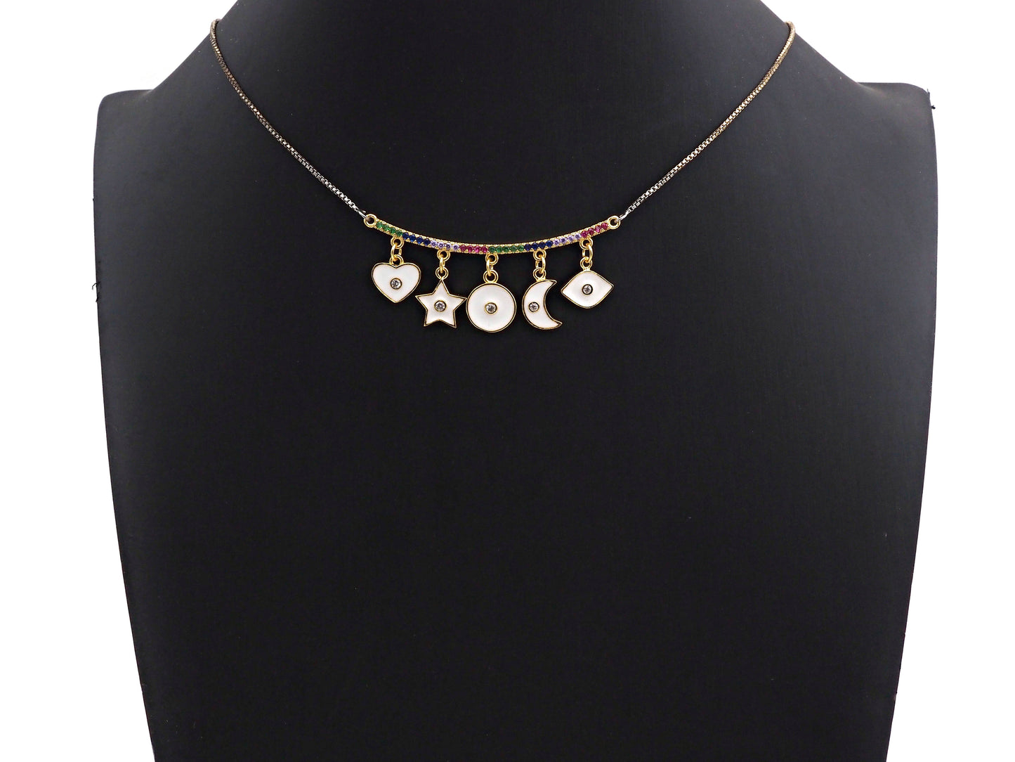 CZ Micro Pave Enamel Curved Bar with Dangle Heart Star Moon Pendant/Charm,SKU#F1133C