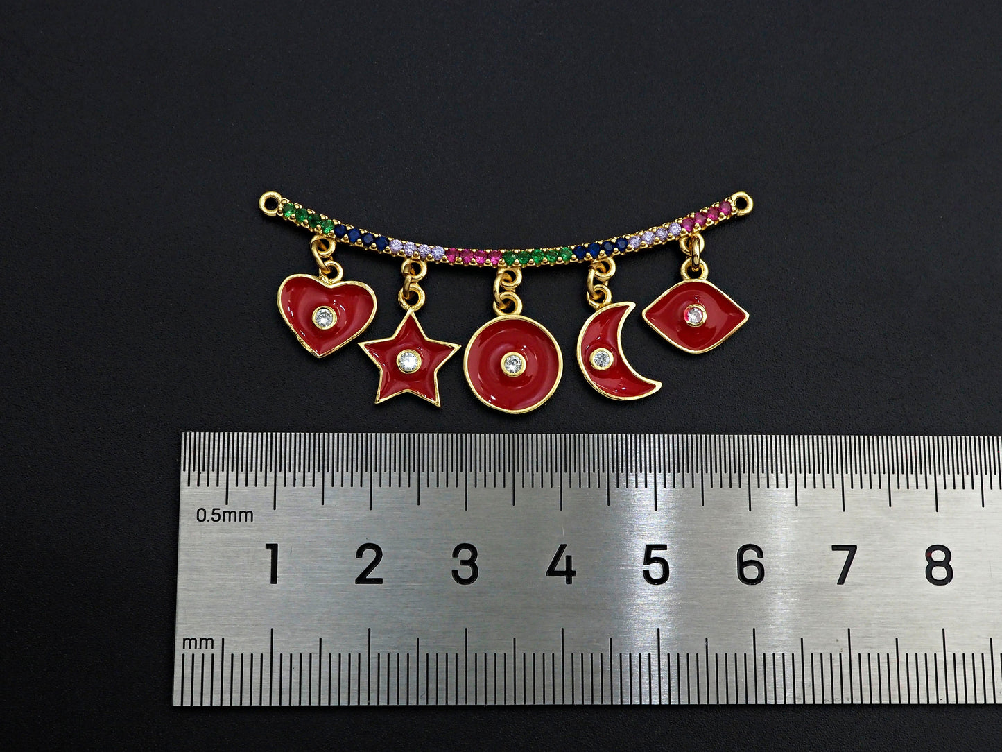 CZ Micro Pave Enamel Curved Bar with Dangle Heart Star Moon Pendant/Charm,SKU#F1133C