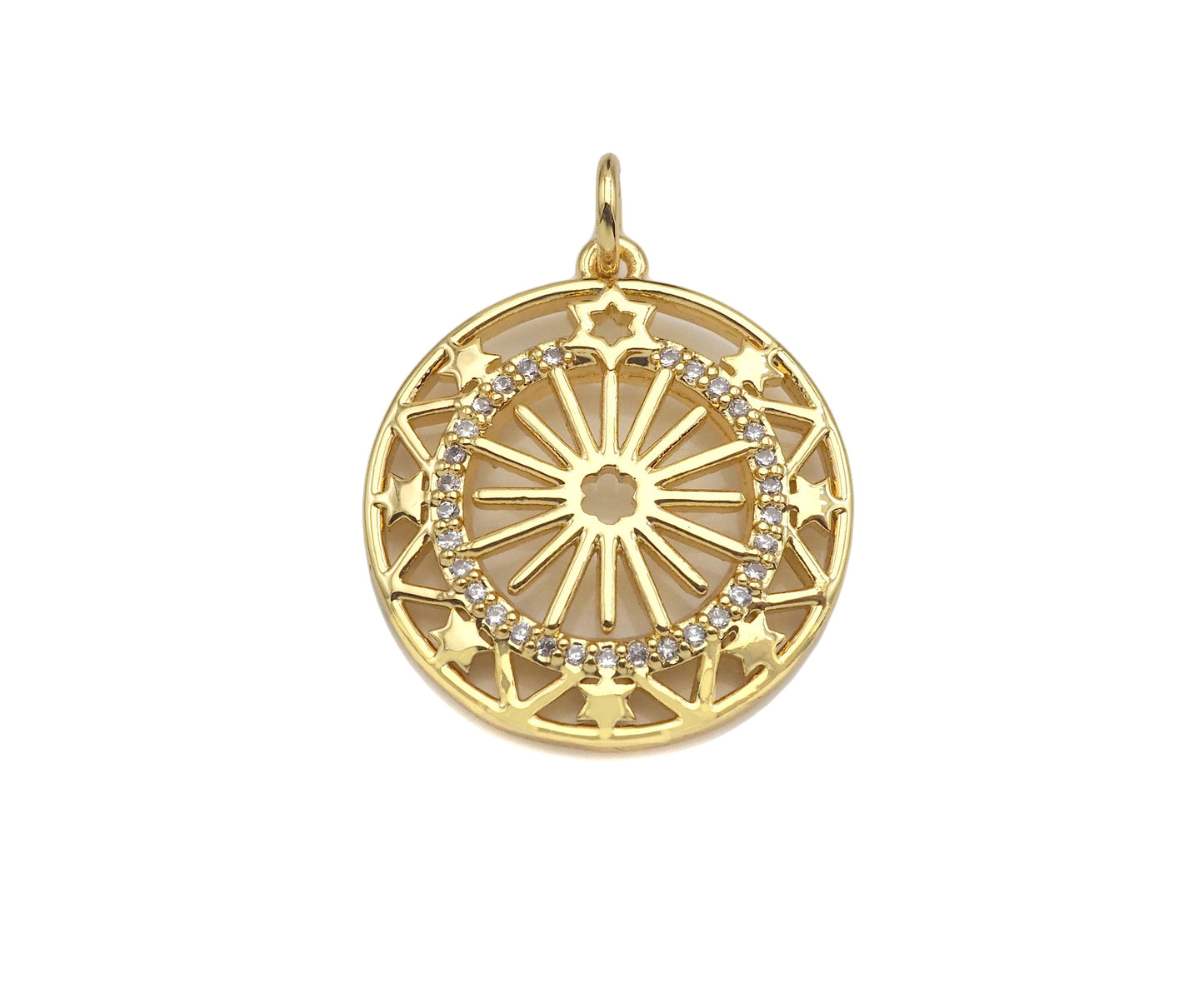 CZ Micro Pave Hollow Out Flower On Round Shape Pendant/Charm, Sku#F1366C