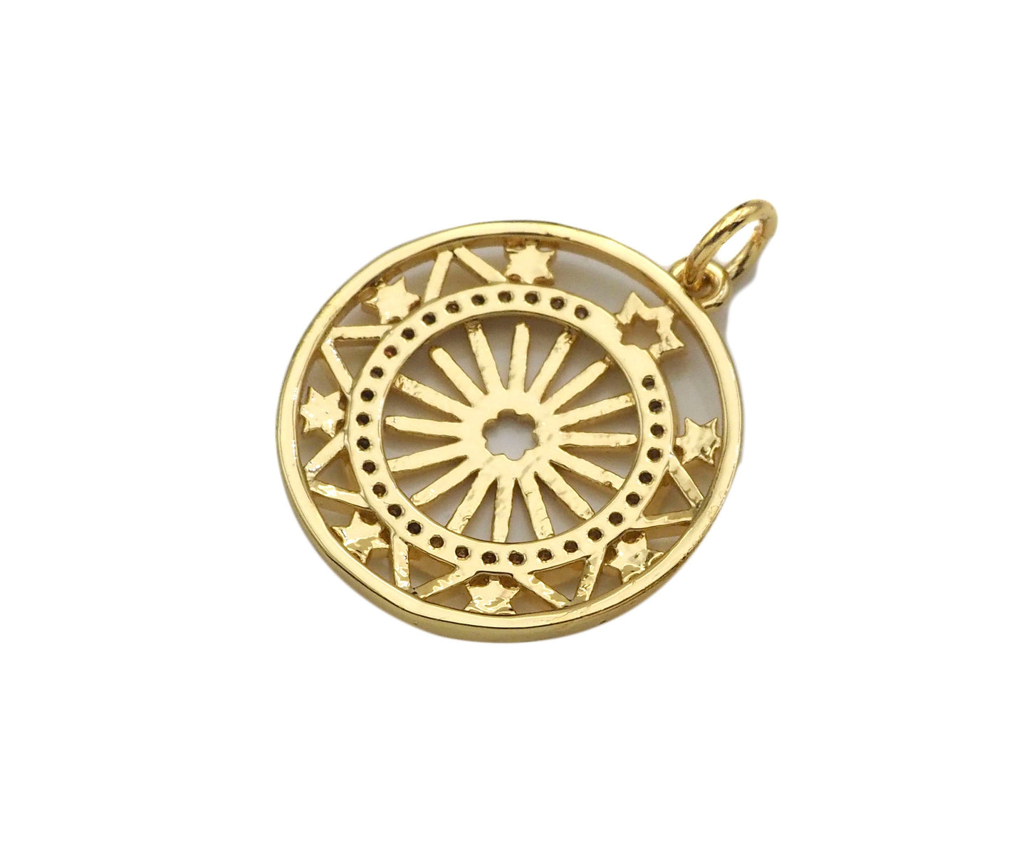 CZ Micro Pave Hollow Out Flower On Round Shape Pendant/Charm, Sku#F1366C