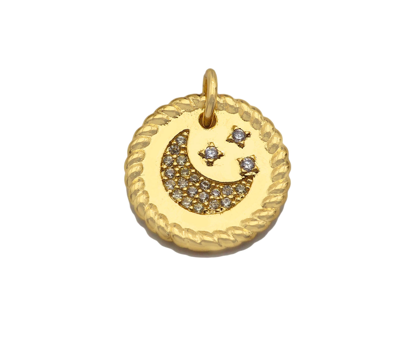 CZ Micro Pave Cresent Moon Star On Round Coin Pendant, Bracelet Necklace CZ  Round Coin Pendant Charm, Silver/Gold Tone,16x16mm,sku#L461