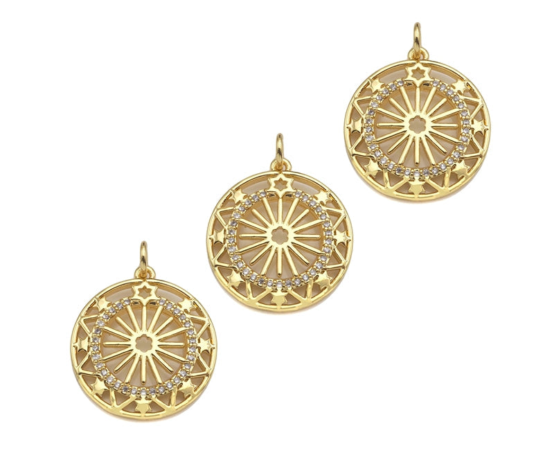 CZ Micro Pave Hollow Out Flower On Round Shape Pendant/Charm, Sku#F1366C