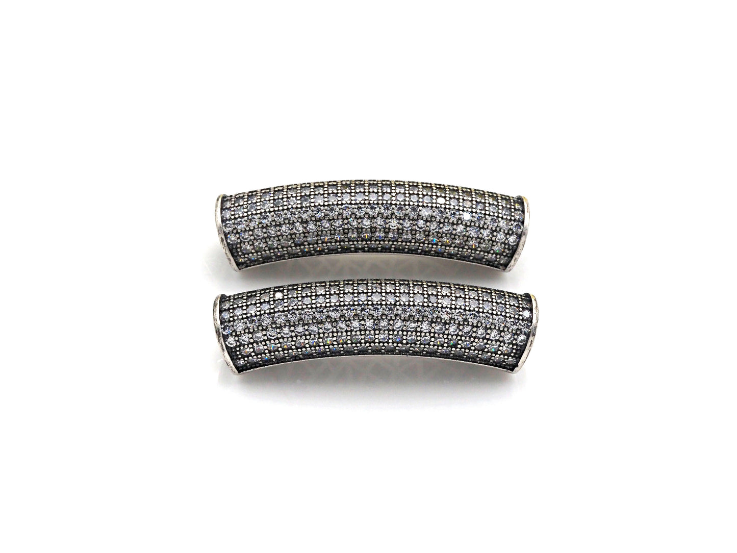 Rhodium CZ Micro Pave Half Full Pave Tube, Antique Silver Tone, Cubic Zirconia Pave Separator Tube Beads,39x10mm,sku#X128