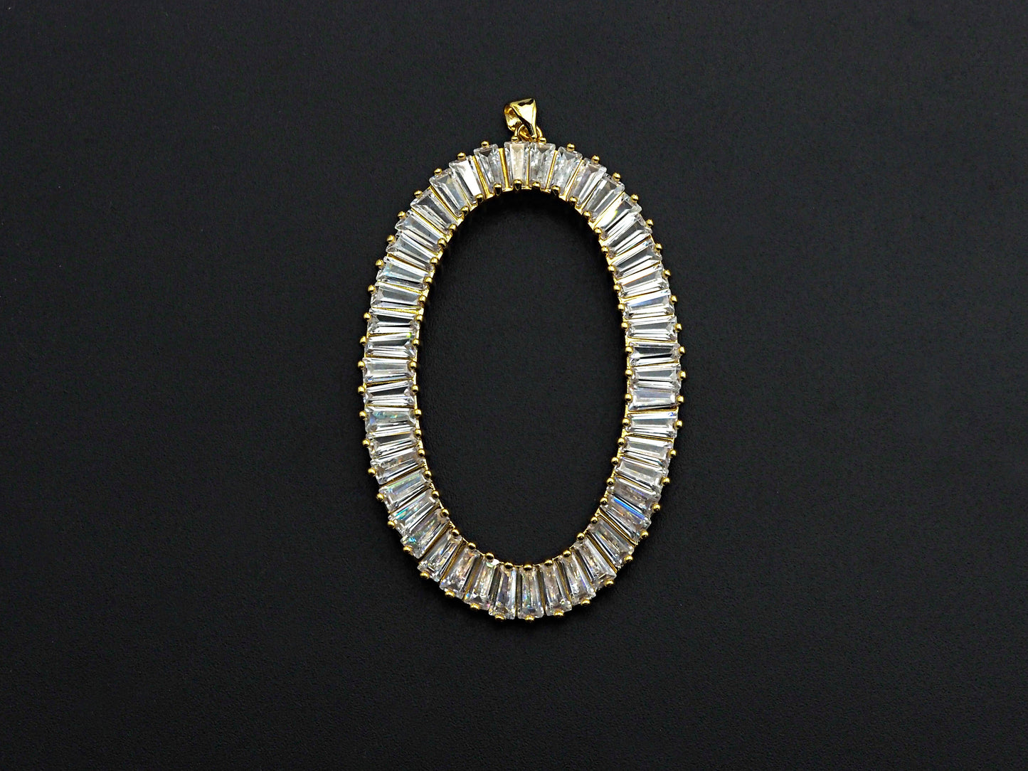 Large Micro Pave Bagette CZ Oval Pendant, Cubic Zirconia  O Shape Pendant, Silver/Gold Tone, 39x62mm, Sku#FH82