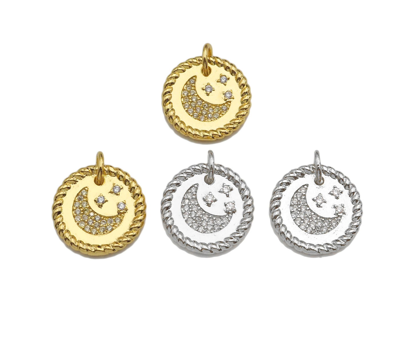 CZ Micro Pave Cresent Moon Star On Round Coin Pendant, Bracelet Necklace CZ  Round Coin Pendant Charm, Silver/Gold Tone,16x16mm,sku#L461