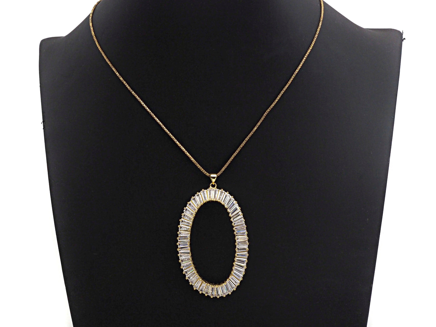 Large Micro Pave Bagette CZ Oval Pendant, Cubic Zirconia  O Shape Pendant, Silver/Gold Tone, 39x62mm, Sku#FH82