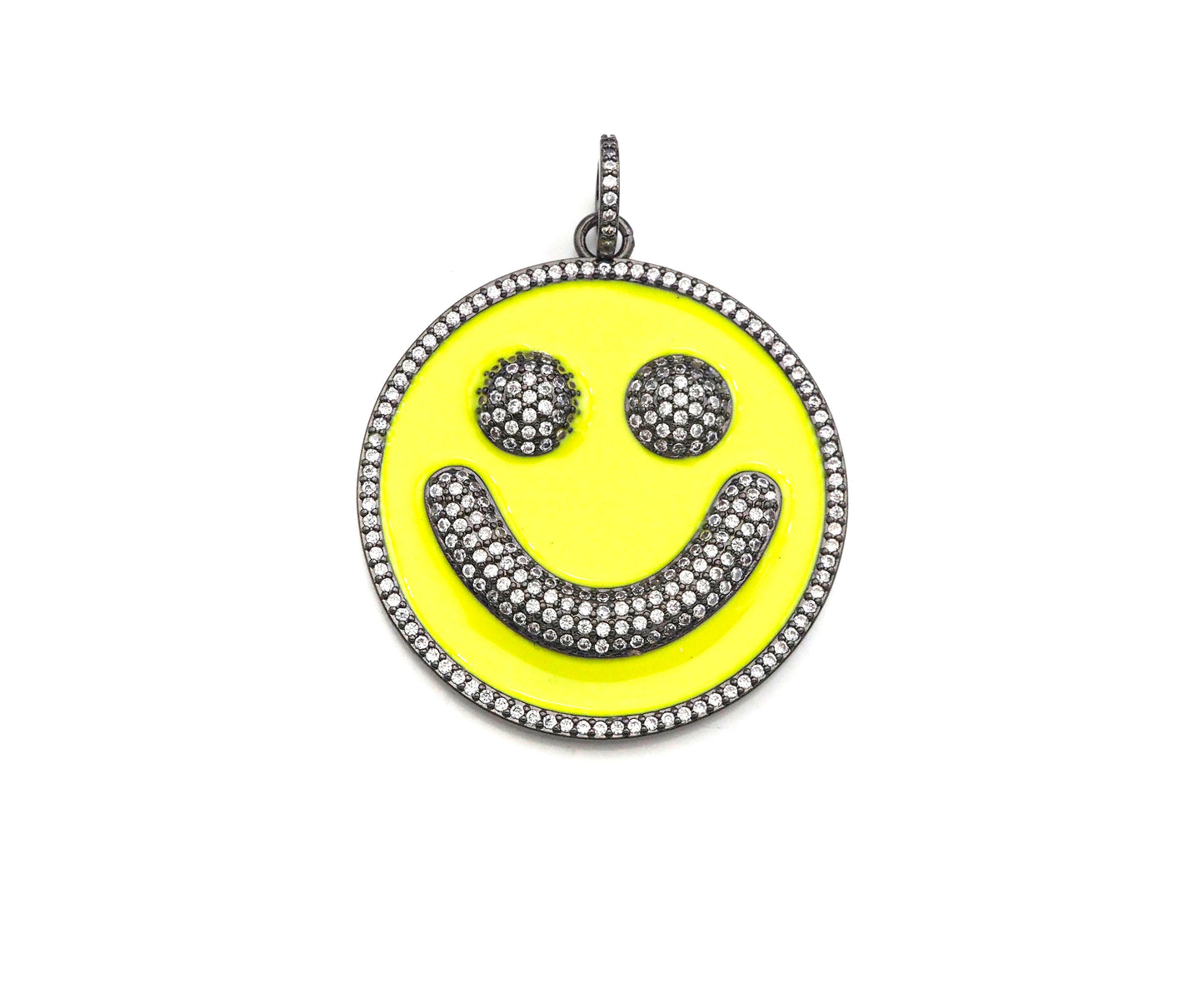 Large Pave Enamel Yellow Smiley Face 38mm Pendant, Cubic Zirconia Pave Pendant, Happy face charm, Yellow Smiley Face, Sku#ML40