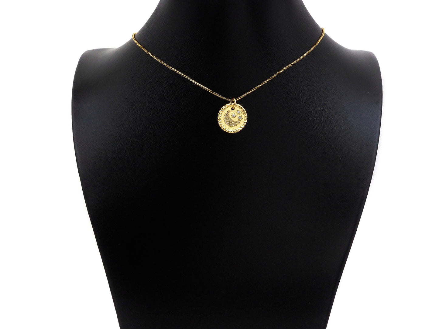 CZ Micro Pave Cresent Moon Star On Round Coin Pendant, Bracelet Necklace CZ  Round Coin Pendant Charm, Silver/Gold Tone,16x16mm,sku#L461