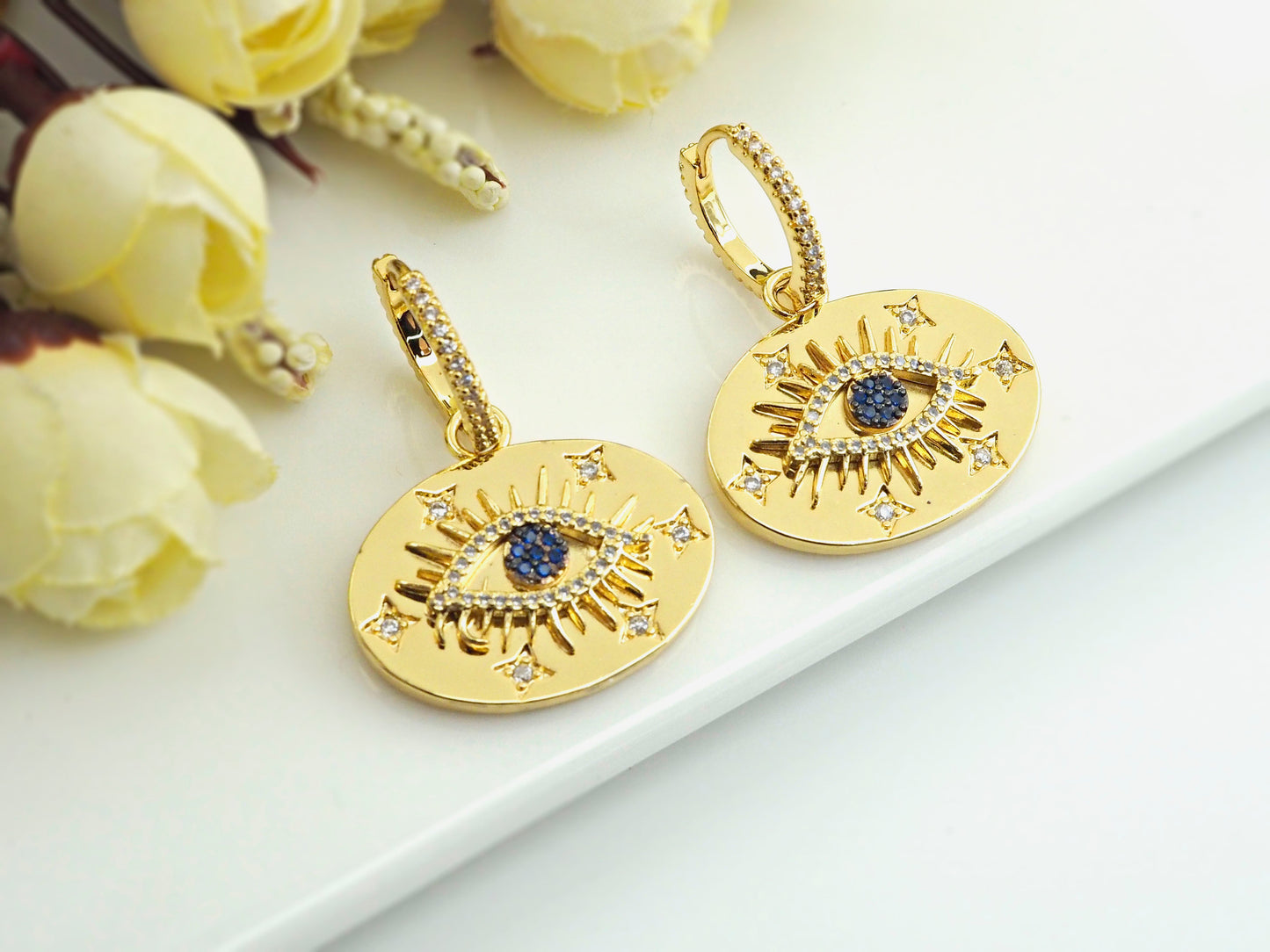 CZ Evil Eye Huggie Earrings, Sku#J236