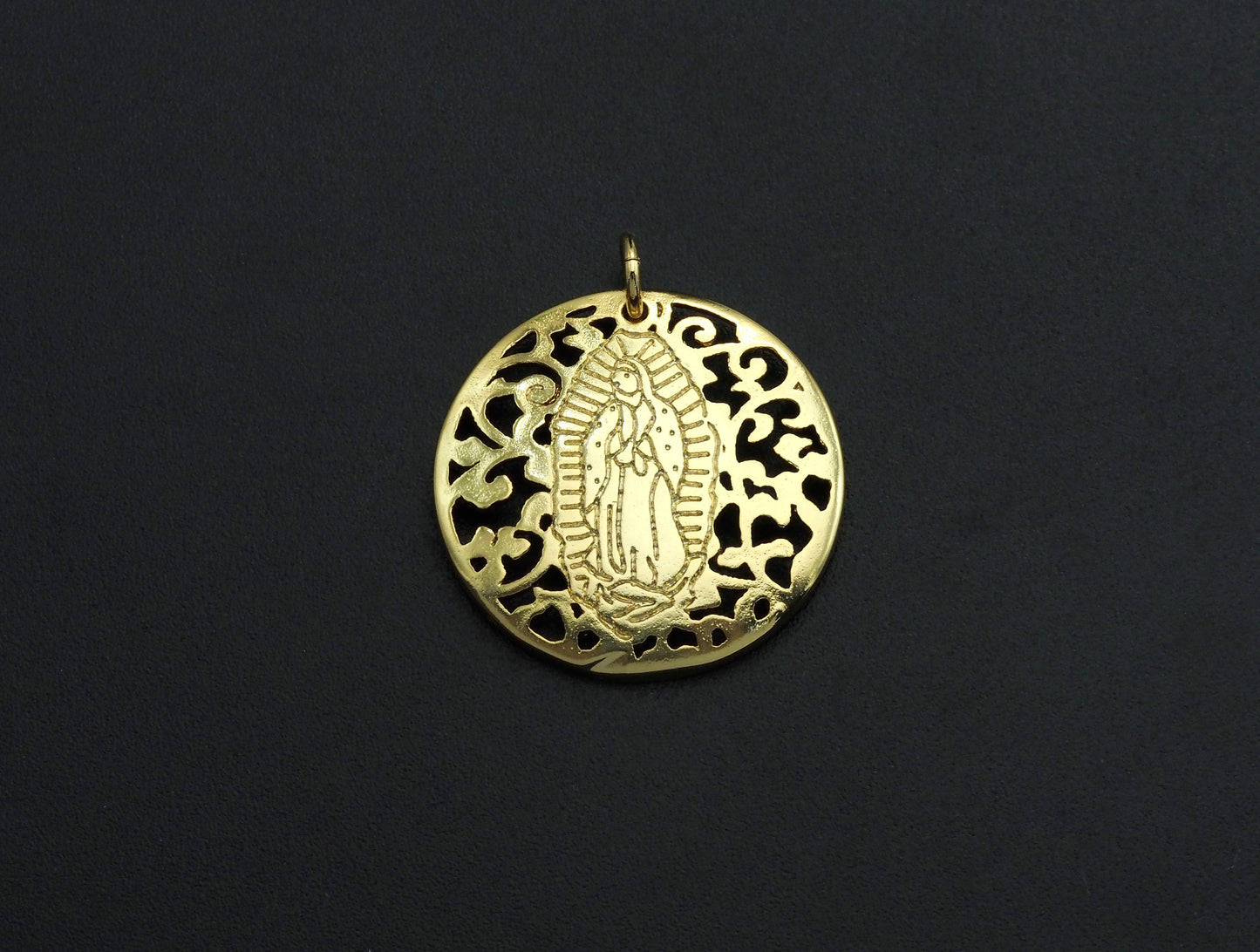 Mary Pendant/Charm, Filigree Mary Disc Pendant, Cubic Zirconia Pendant, Gold Tone, 25mm, Sku#FH23