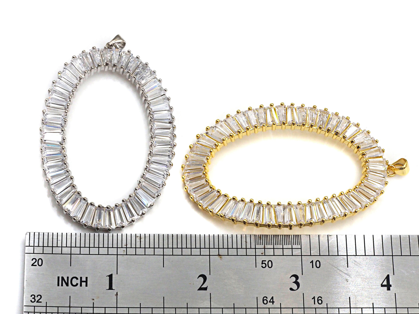 Large Micro Pave Bagette CZ Oval Pendant, Cubic Zirconia  O Shape Pendant, Silver/Gold Tone, 39x62mm, Sku#FH82