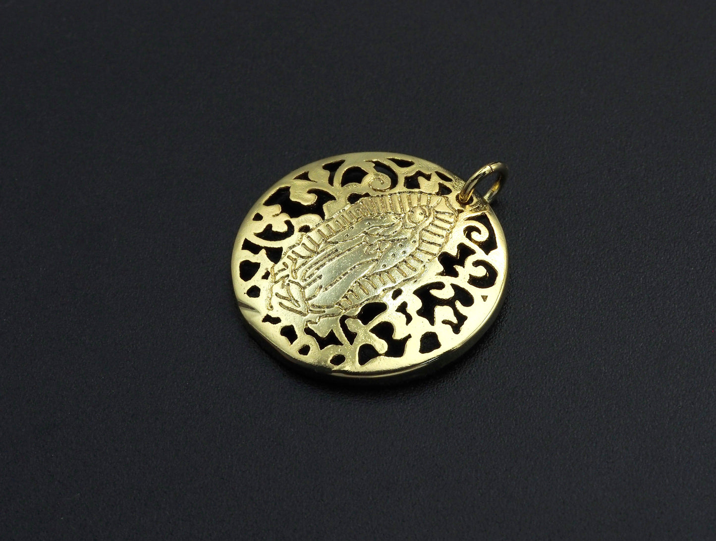 Mary Pendant/Charm, Filigree Mary Disc Pendant, Cubic Zirconia Pendant, Gold Tone, 25mm, Sku#FH23