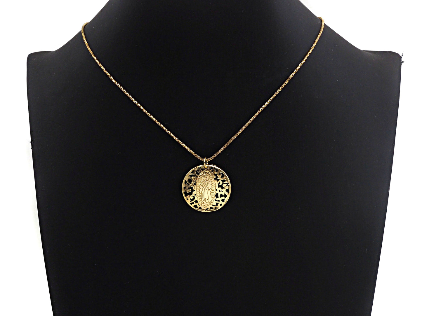 Mary Pendant/Charm, Filigree Mary Disc Pendant, Cubic Zirconia Pendant, Gold Tone, 25mm, Sku#FH23