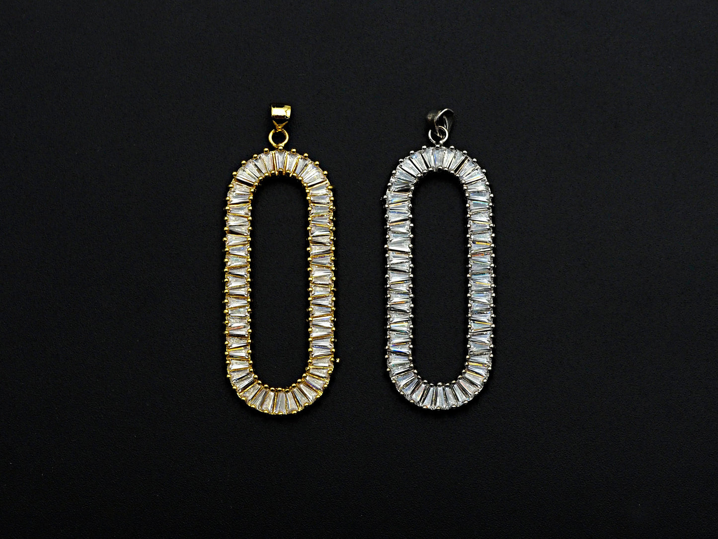 LARGE CZ Micro Pave Oval Clip Shape Pendant, Cubic Zirconia Frame Pendant, Silver/Gold Tone, 20x52mm, Sku#FH83