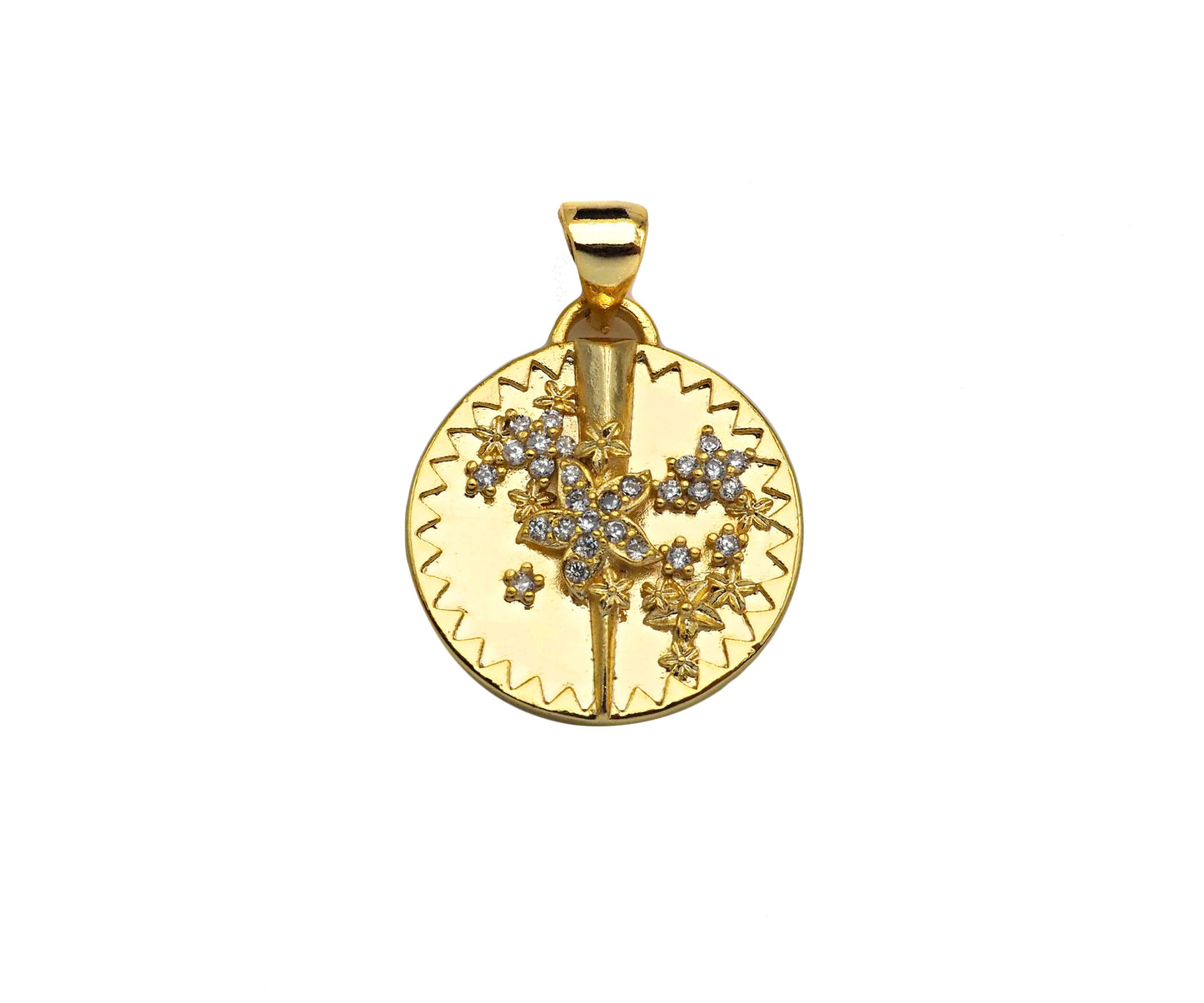 CZ Micro Pave Embossed Blossom Thorn Coin Shape Pendant, 18K Gold Medallion Charm, Necklace Bracelet Charm Pendant,18mm,Sku#FH166