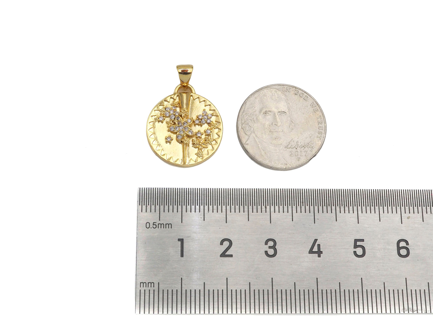 CZ Micro Pave Embossed Blossom Thorn Coin Shape Pendant, 18K Gold Medallion Charm, Necklace Bracelet Charm Pendant,18mm,Sku#FH166