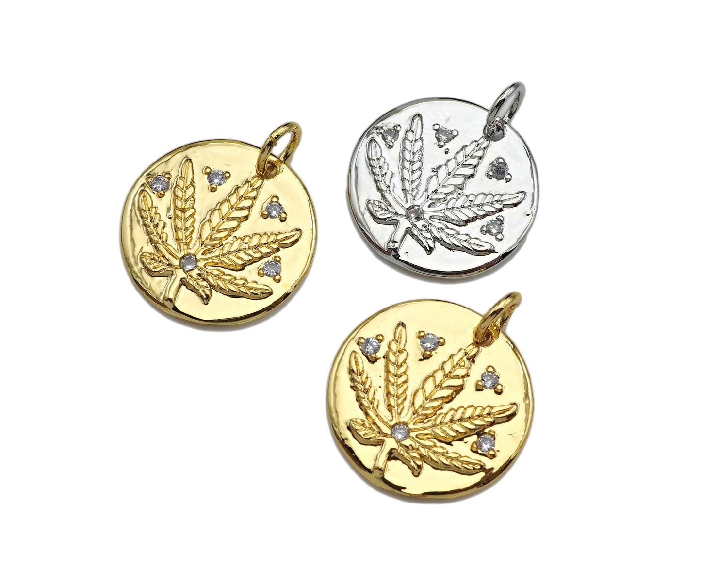 CZ Micro Pave Maple Leaf  On Round Coin Pendant/Charm,Cubic Zirconia Charm, Necklace Bracelet Charm Pendant,16x16mm, Sku#L407