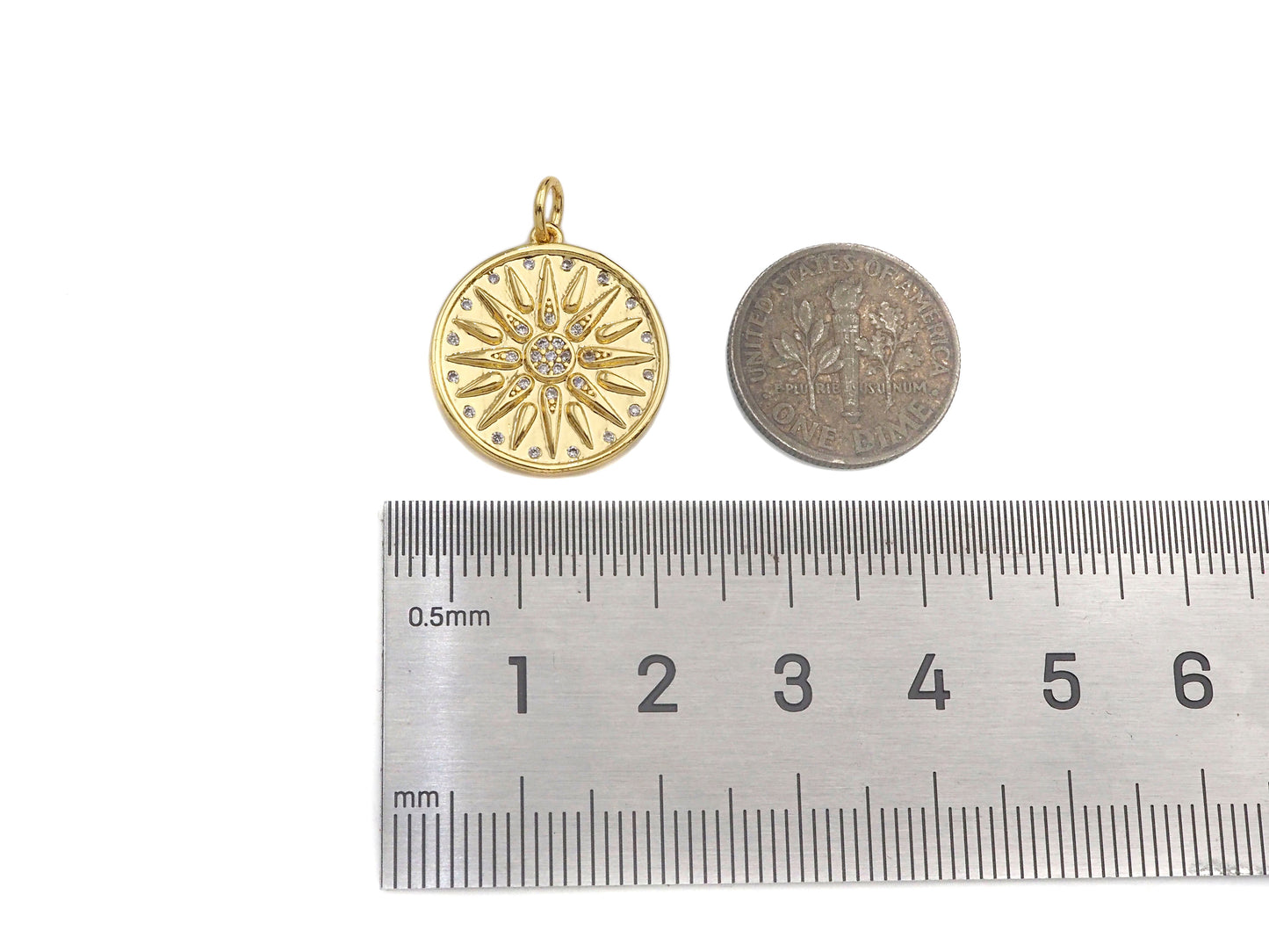 CZ Micro Pave Cupid's Arrow On Round Coin Shape Pendant,  Sku#F1369
