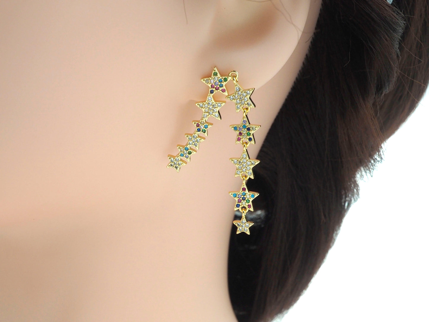 Colorful CZ Long Stars Hook Earring, Sku#J98