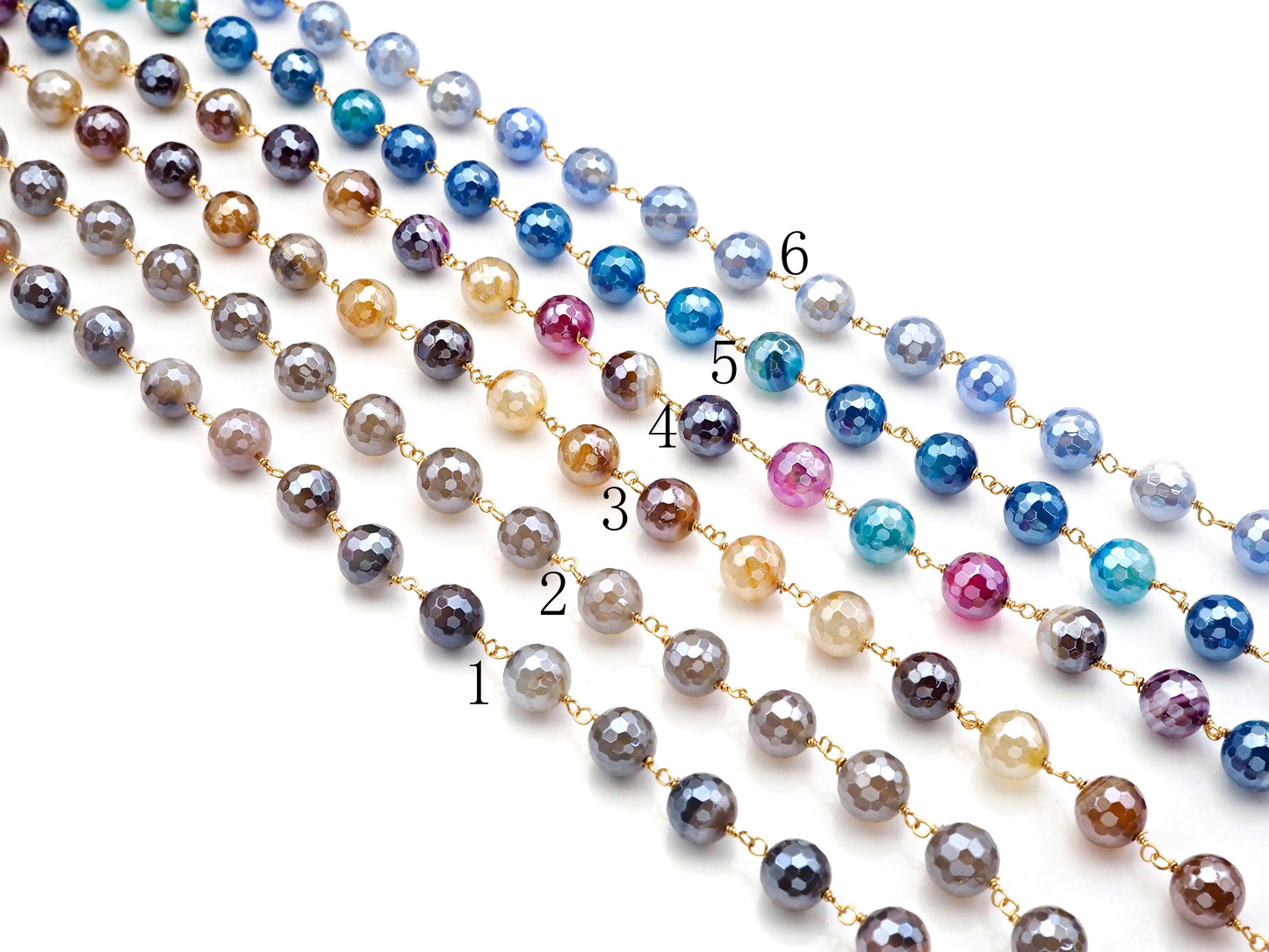 Mystic Agate Brown/Blue/Grey Rosary Chain, 10mm Agate Beaded Chain, Wire Wrapped Gold Chain,Sku#V74