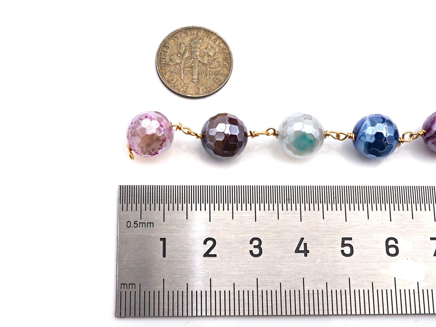 Mystic Agate Brown/Blue/Grey Rosary Chain, 10mm Agate Beaded Chain, Wire Wrapped Gold Chain,Sku#V74