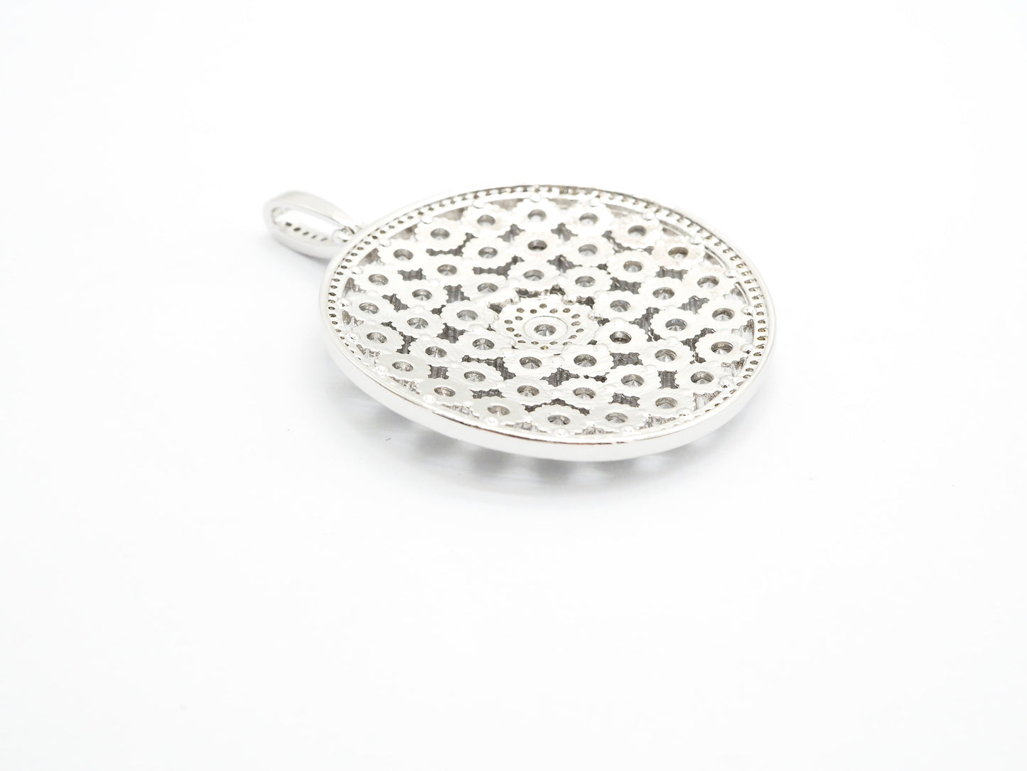 40mm Large CZ Micro Pave Filigree Round Disc Pendant, Cubic Zirconia Rose Gold/Silver/Black Focal Pendant, sku#F545