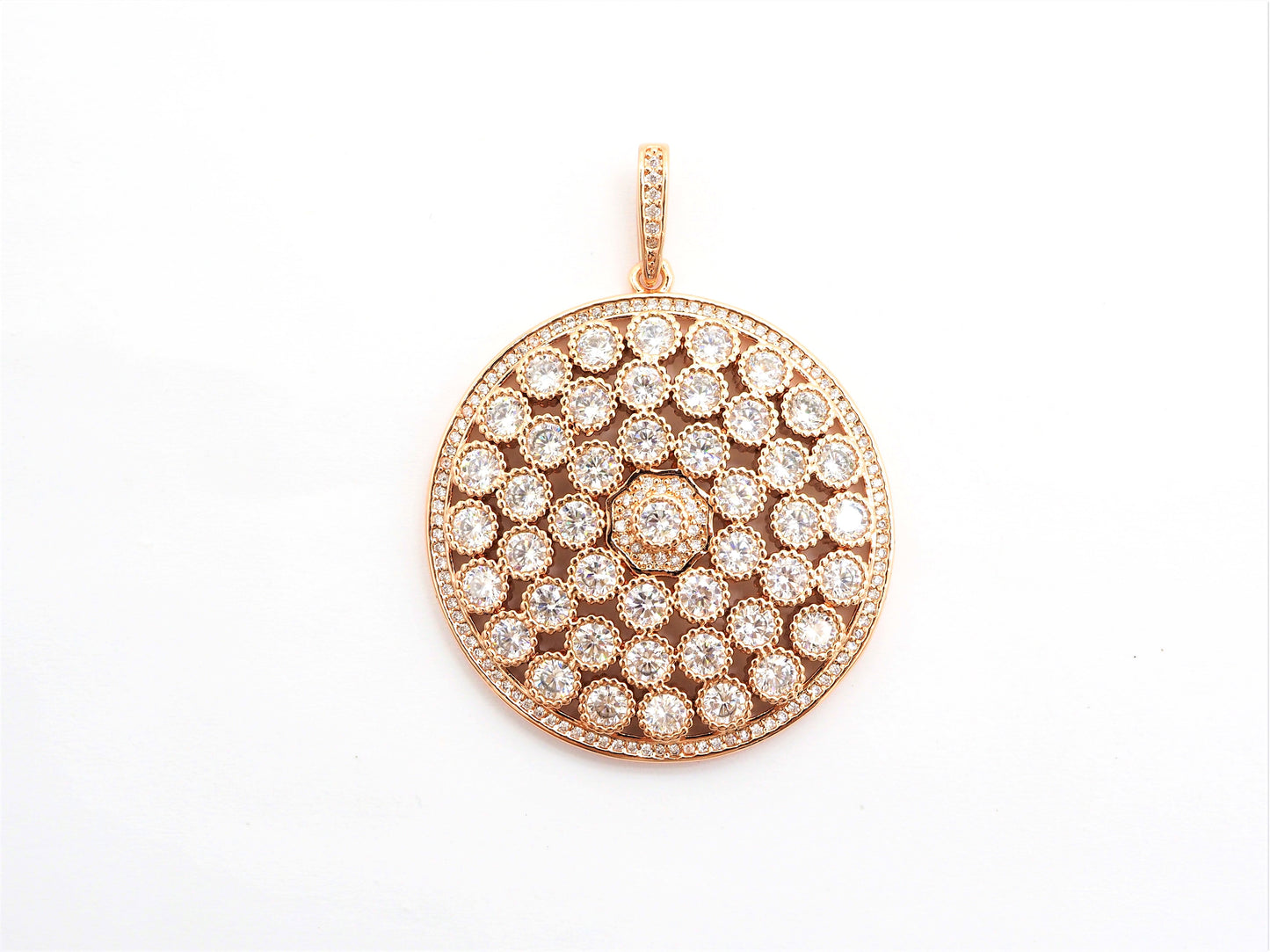 40mm Large CZ Micro Pave Filigree Round Disc Pendant, Cubic Zirconia Rose Gold/Silver/Black Focal Pendant, sku#F545
