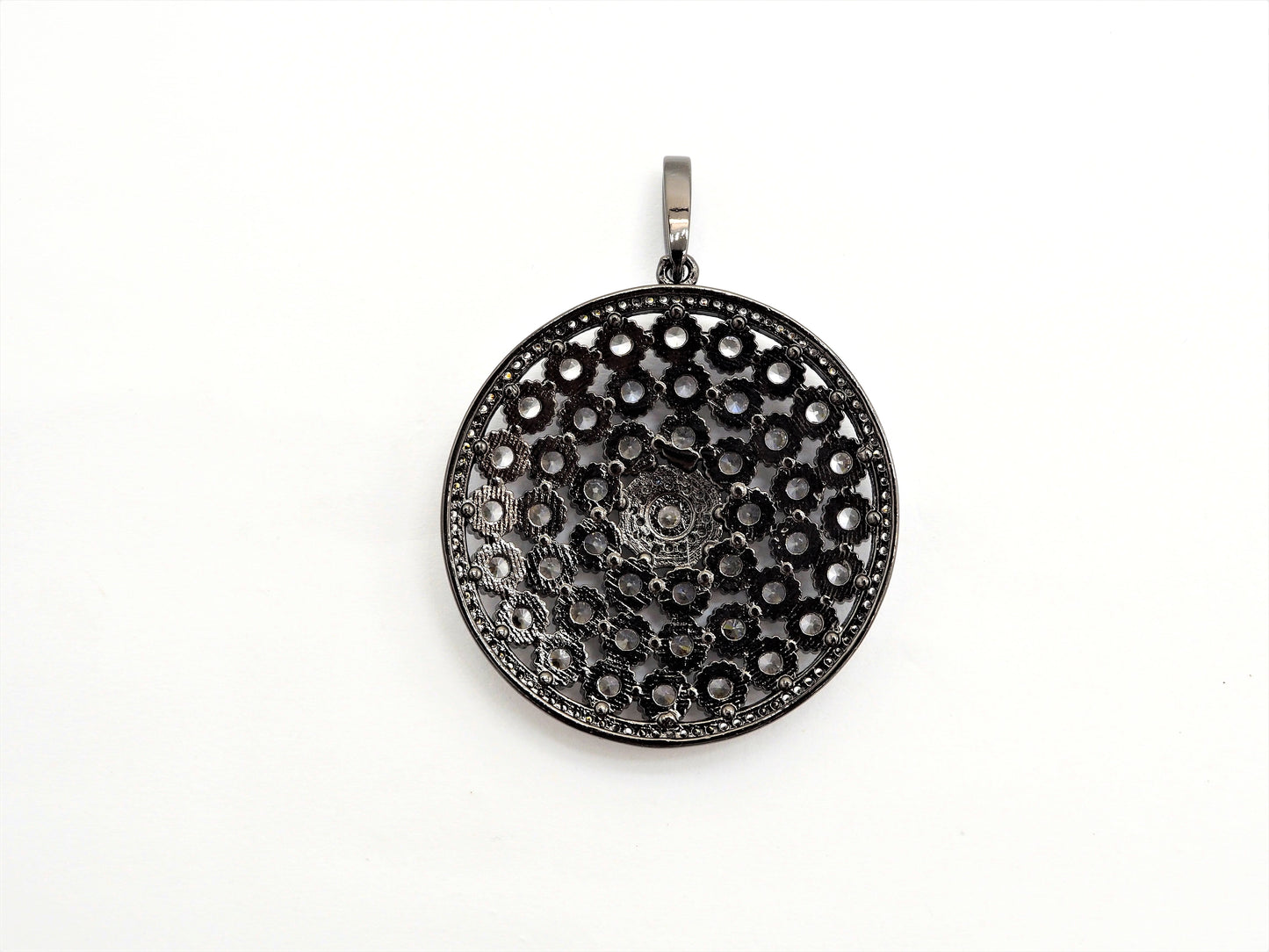 40mm Large CZ Micro Pave Filigree Round Disc Pendant, Cubic Zirconia Rose Gold/Silver/Black Focal Pendant, sku#F545