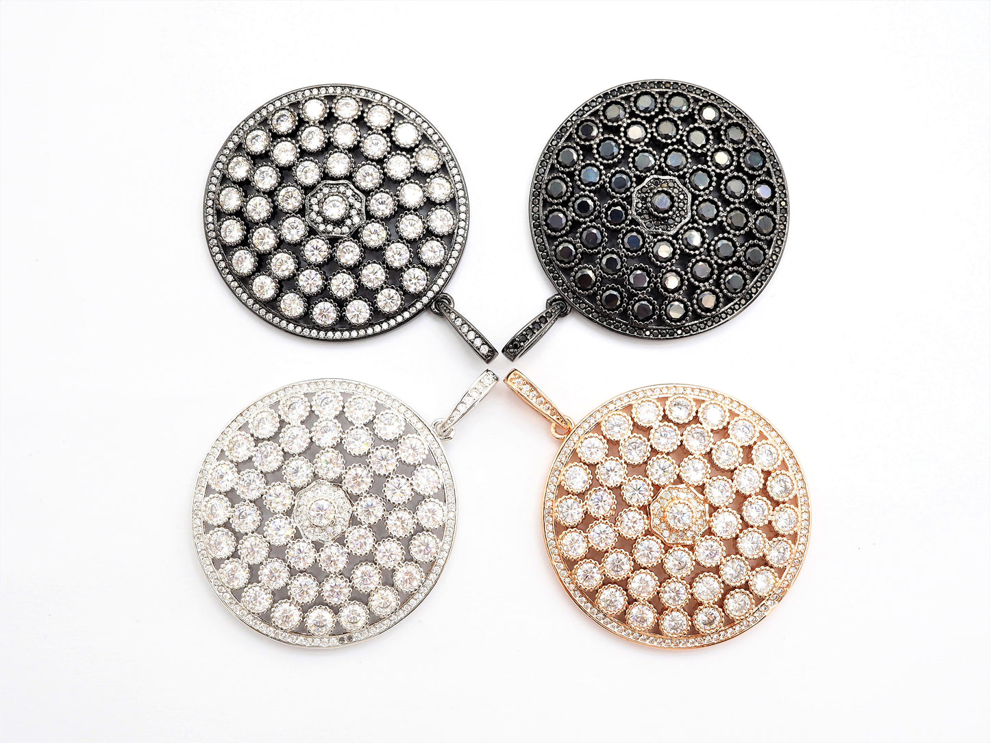 40mm Large CZ Micro Pave Filigree Round Disc Pendant, Cubic Zirconia Rose Gold/Silver/Black Focal Pendant, sku#F545