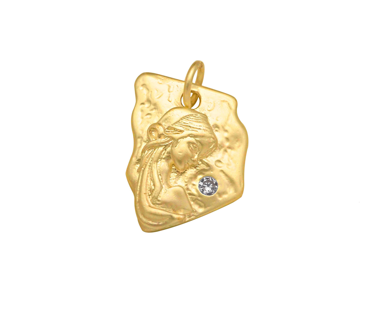 CZ Micro Pave Embossed St Mary On Trapezoid Pendant,Cubic Zirconia Matt Silver/Gold Charm, Necklace Bracelet Charm, 17x13mm, Sku#Y455