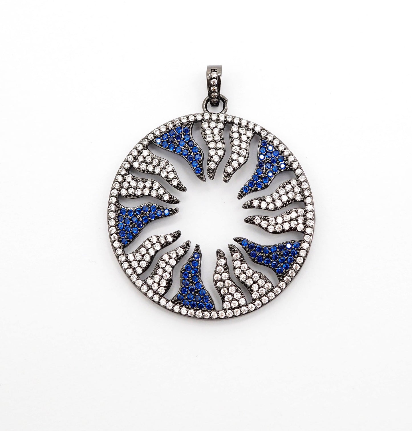 Large CZ Micro Pave Hollow out Flower/Flame Pendant/Charm,Green/Black/Fuchsia/Cobalt Cubic Zirconia Pendant, Black plated, 38mm, sku#F496C