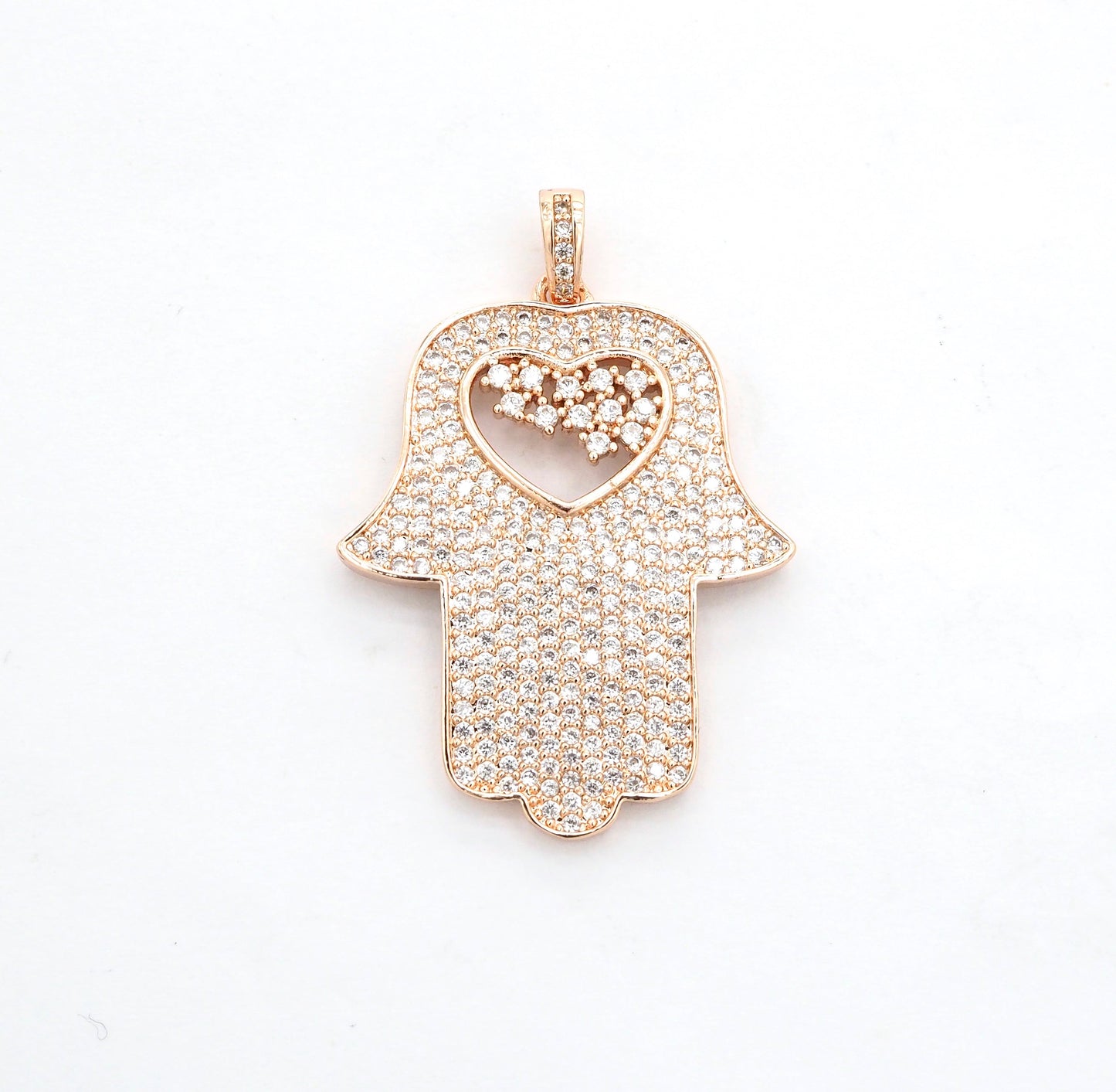 CZ Micro Pave Hamsa Hand with Heart Pendant, Cubic Zirconia Large Hamsa hand Pendant, Gold/Silver/Black/Rose Gold 27x35mm,SKU#F521