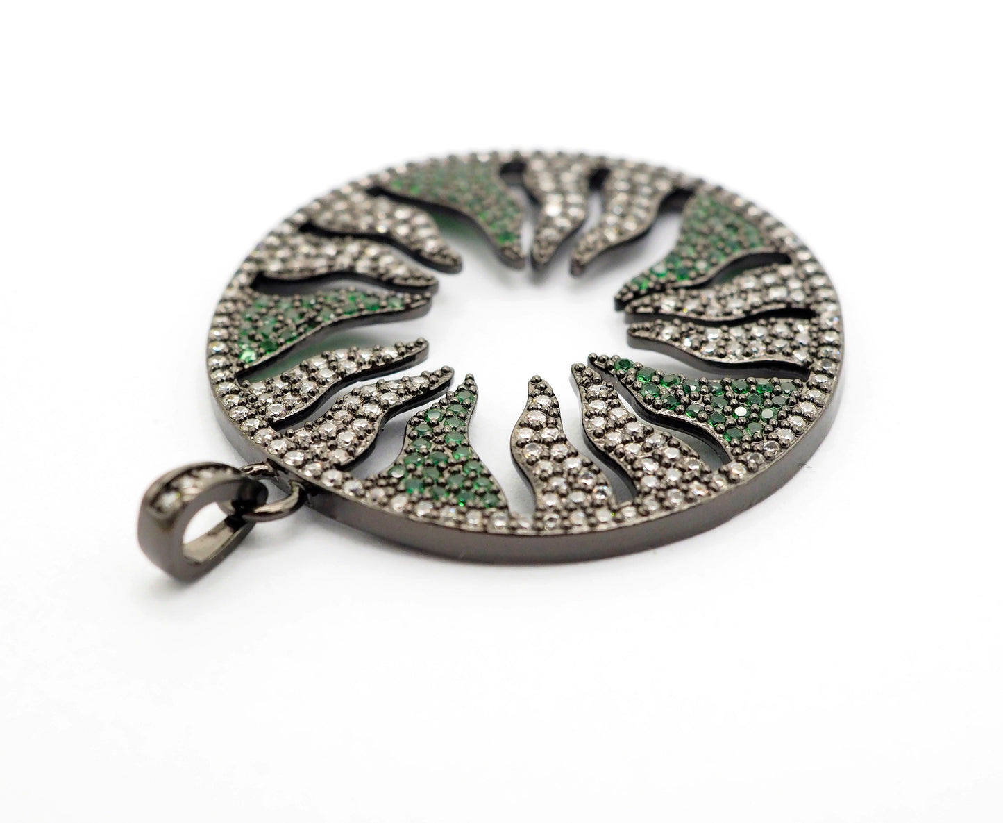 Large CZ Micro Pave Hollow out Flower/Flame Pendant/Charm,Green/Black/Fuchsia/Cobalt Cubic Zirconia Pendant, Black plated, 38mm, sku#F496C