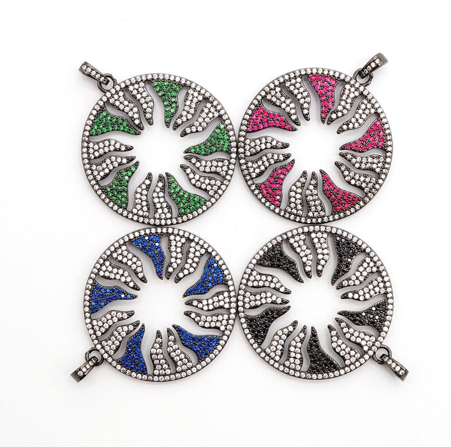 Large CZ Micro Pave Hollow out Flower/Flame Pendant/Charm,Green/Black/Fuchsia/Cobalt Cubic Zirconia Pendant, Black plated, 38mm, sku#F496C