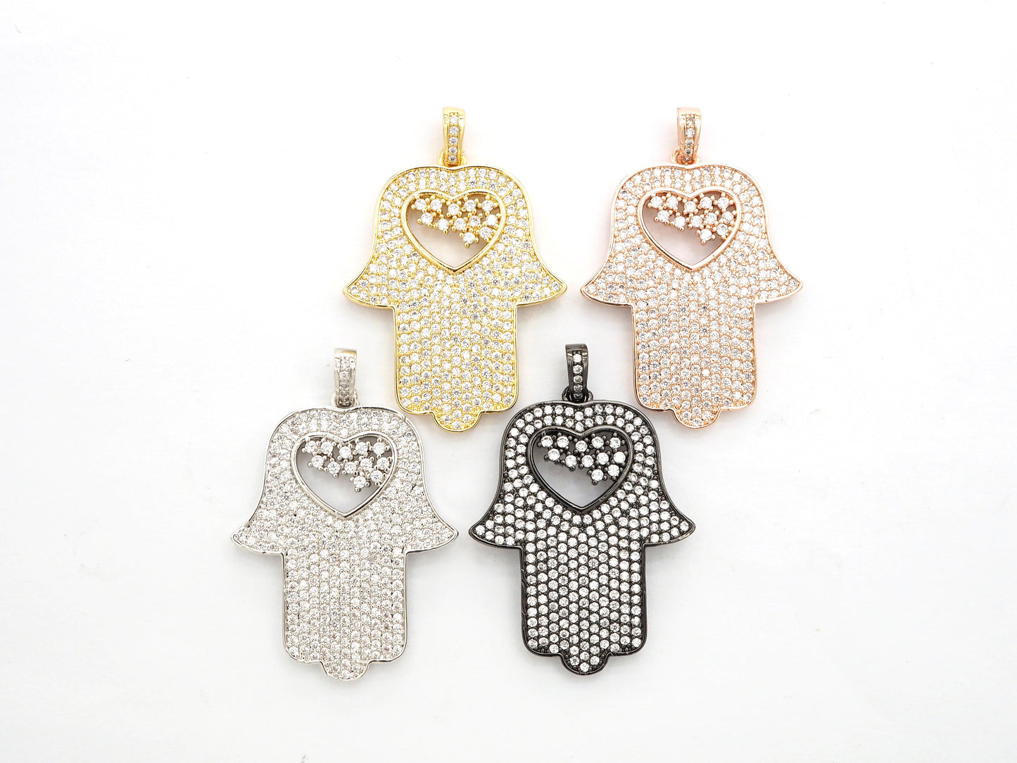 CZ Micro Pave Hamsa Hand with Heart Pendant, Cubic Zirconia Large Hamsa hand Pendant, Gold/Silver/Black/Rose Gold 27x35mm,SKU#F521