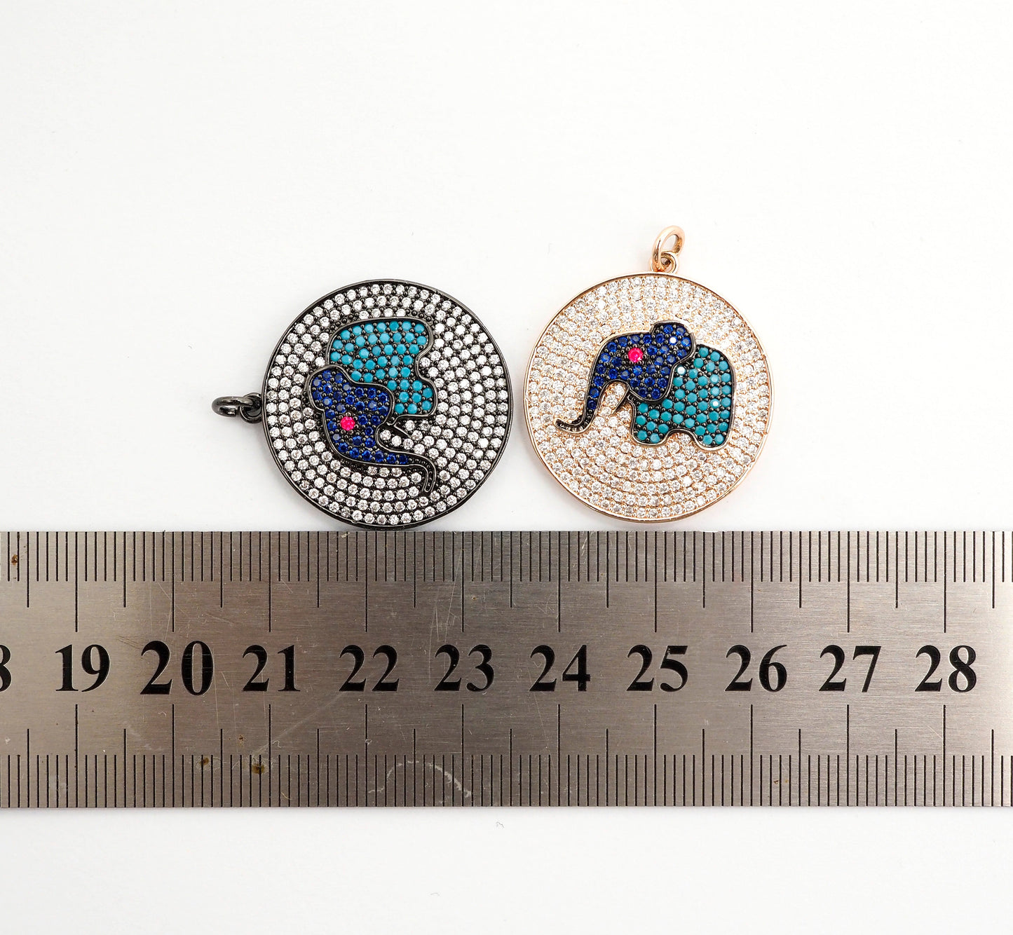 26mm CZ Micro Pave Elephant on Disc Pendant, Cubic Zirconia Elephant Charm/Pendant, Silver/Gold/Rose Gold/Black, 26x28mm, Sku#F499