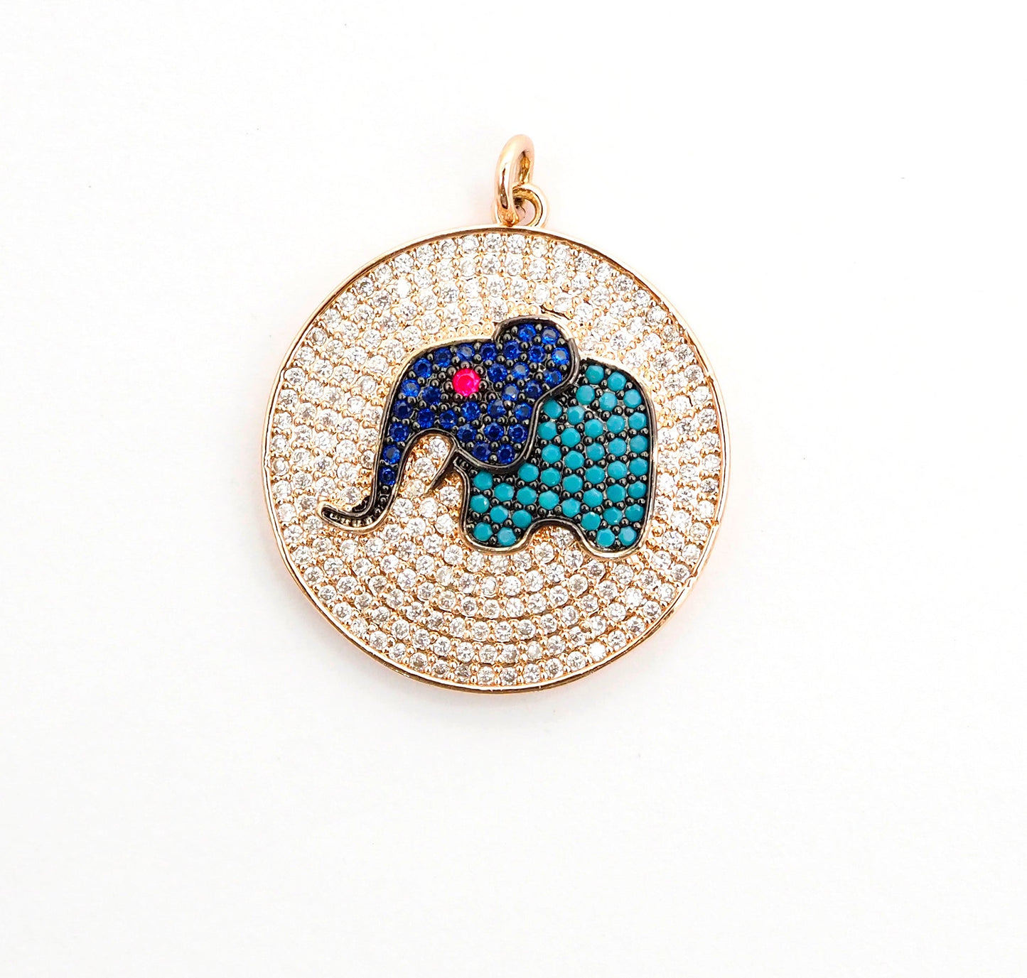 26mm CZ Micro Pave Elephant on Disc Pendant, Cubic Zirconia Elephant Charm/Pendant, Silver/Gold/Rose Gold/Black, 26x28mm, Sku#F499