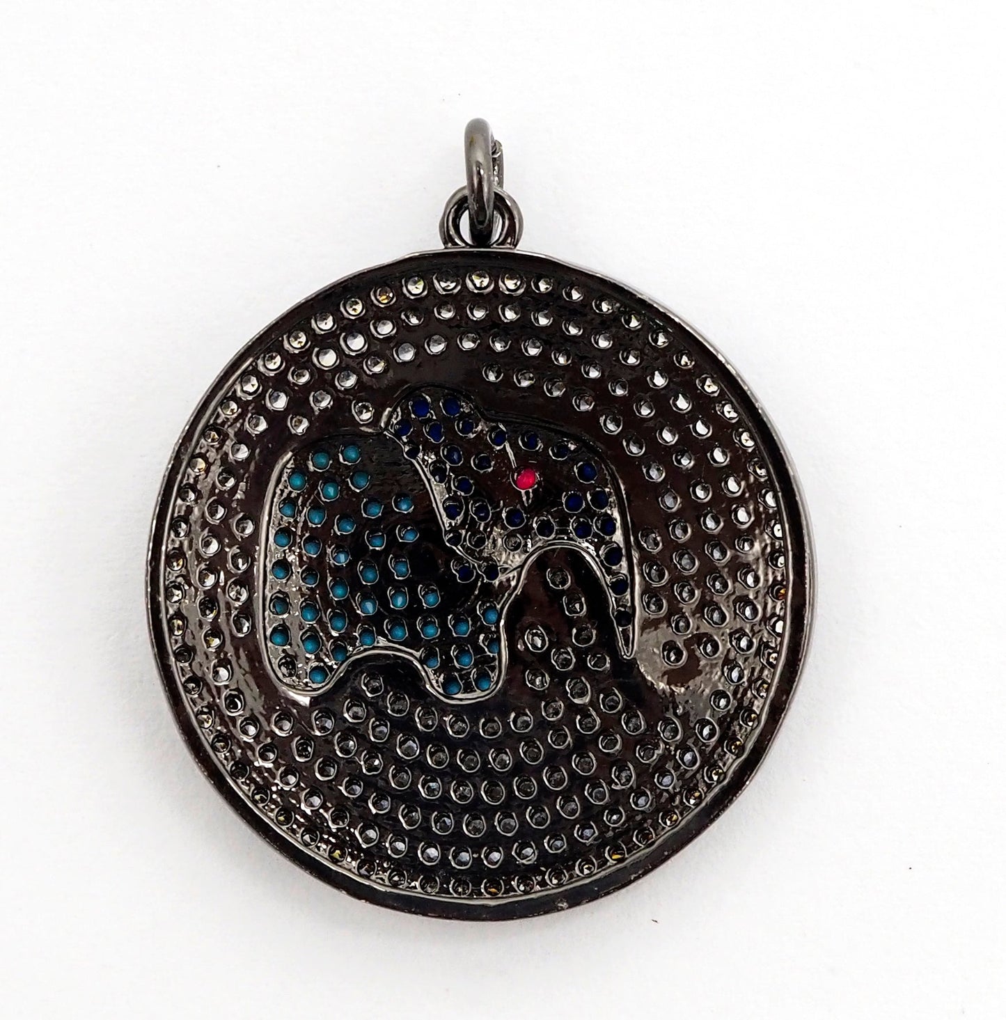 26mm CZ Micro Pave Elephant on Disc Pendant, Cubic Zirconia Elephant Charm/Pendant, Silver/Gold/Rose Gold/Black, 26x28mm, Sku#F499