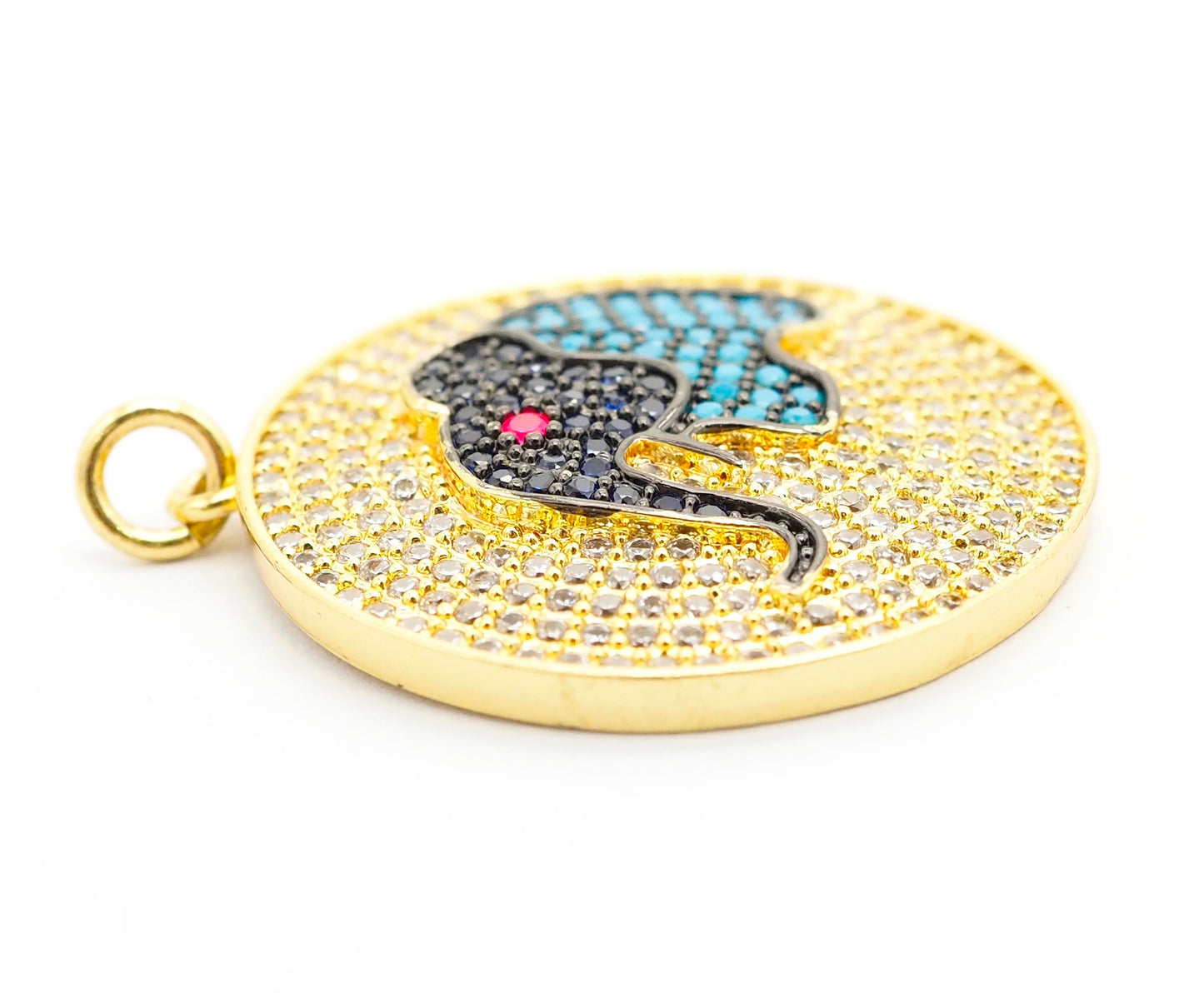 26mm CZ Micro Pave Elephant on Disc Pendant, Cubic Zirconia Elephant Charm/Pendant, Silver/Gold/Rose Gold/Black, 26x28mm, Sku#F499