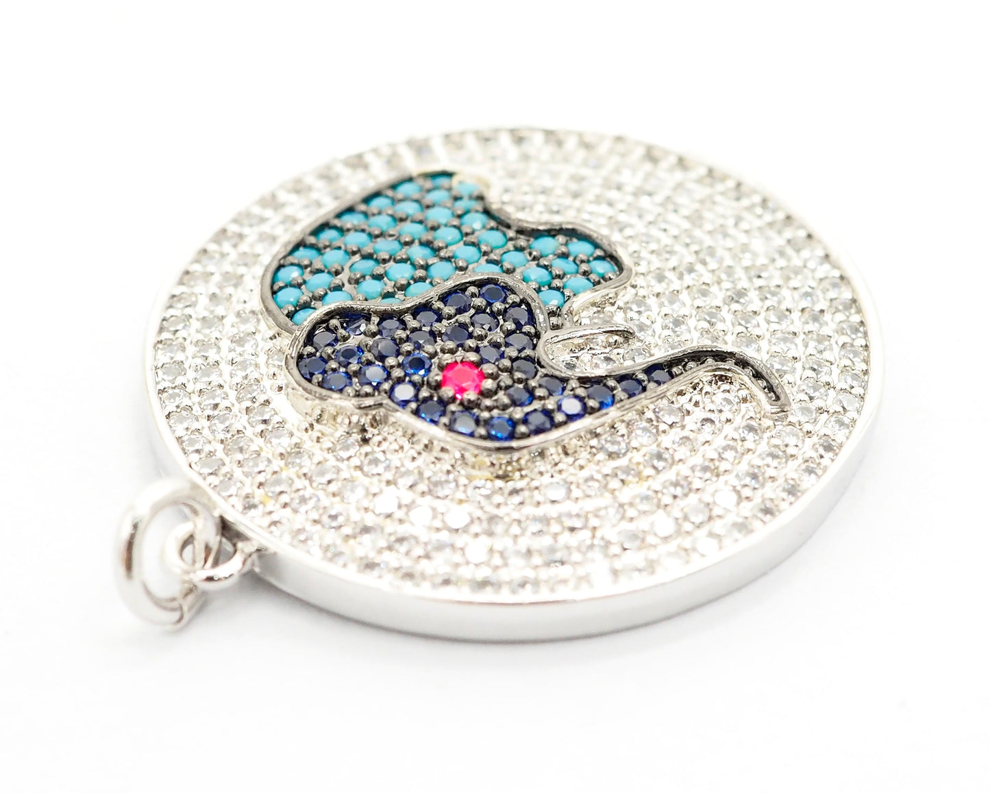 26mm CZ Micro Pave Elephant on Disc Pendant, Cubic Zirconia Elephant Charm/Pendant, Silver/Gold/Rose Gold/Black, 26x28mm, Sku#F499