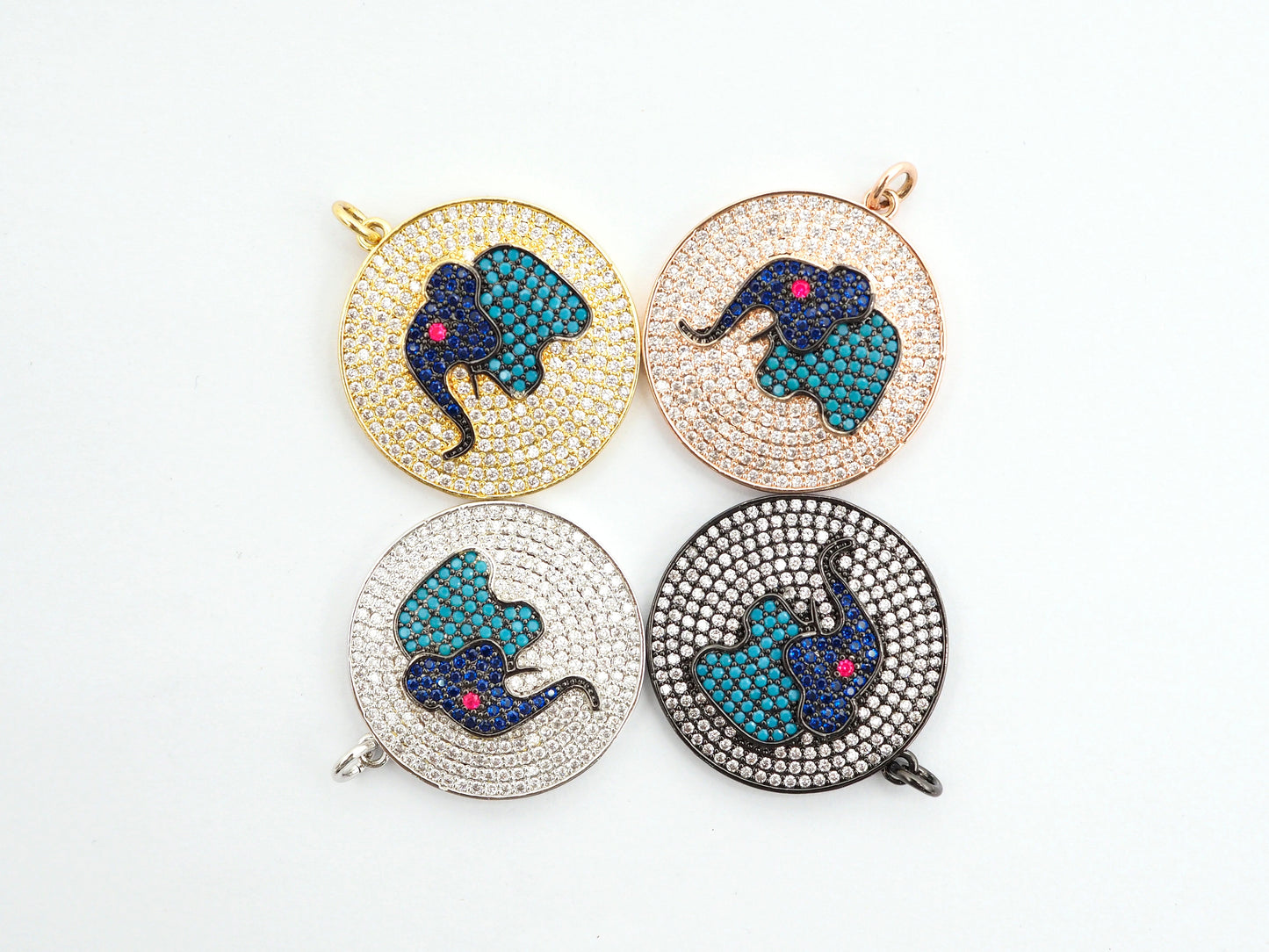 26mm CZ Micro Pave Elephant on Disc Pendant, Cubic Zirconia Elephant Charm/Pendant, Silver/Gold/Rose Gold/Black, 26x28mm, Sku#F499
