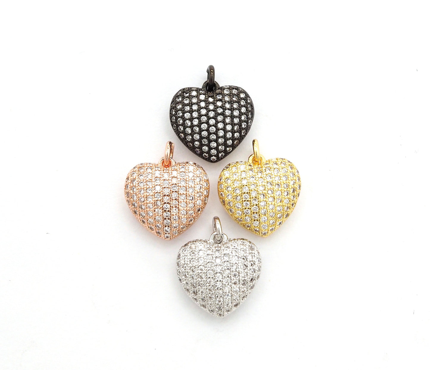 15mm CZ Micro Pave Puffy Heart Charm/Pendant, CZ Pave Charm in Gold/Rose Gold/Silver/Black Finish, Pave Heart Beads, sku#F524