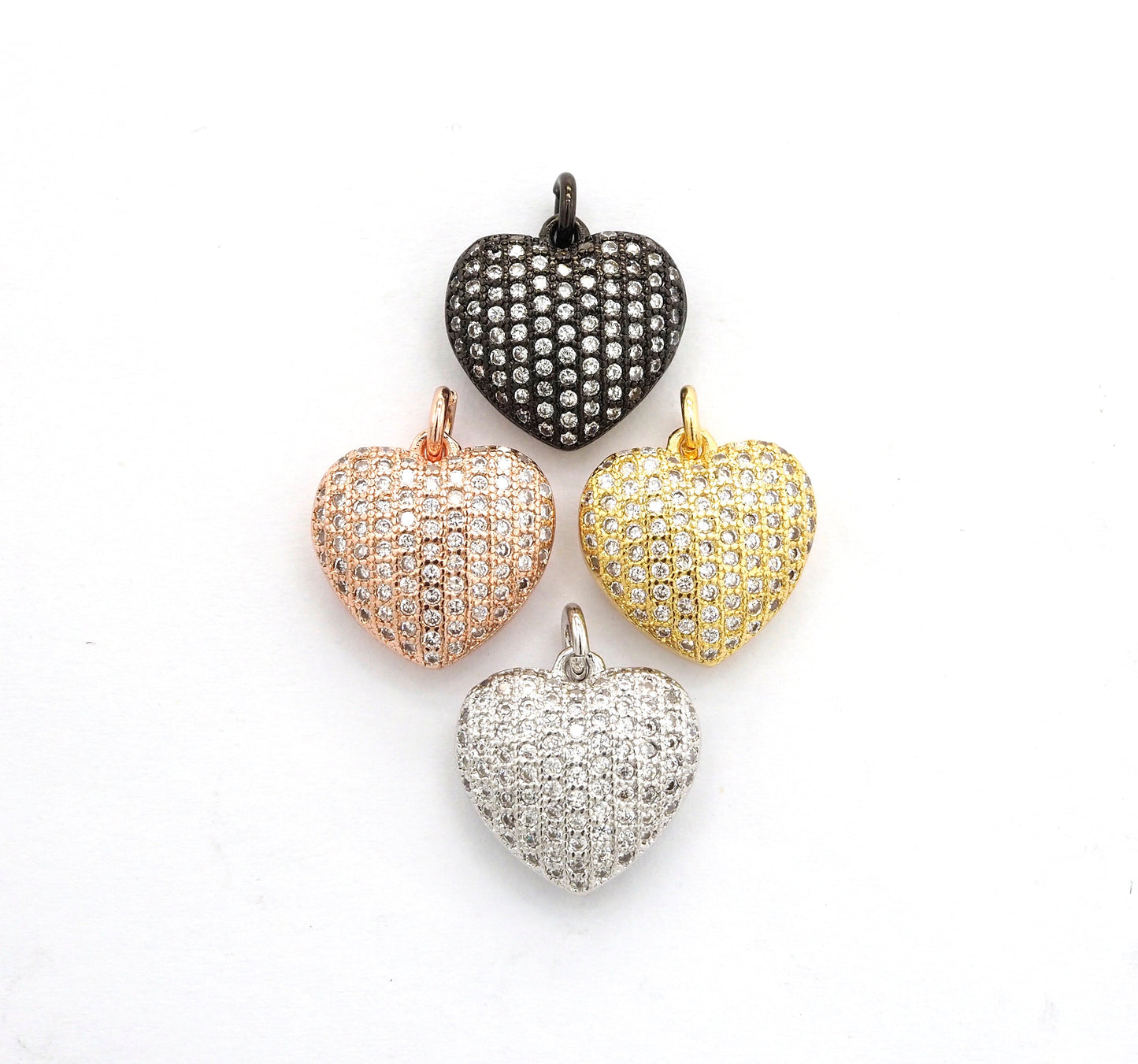 15mm CZ Micro Pave Puffy Heart Charm/Pendant, CZ Pave Charm in Gold/Rose Gold/Silver/Black Finish, Pave Heart Beads, sku#F524