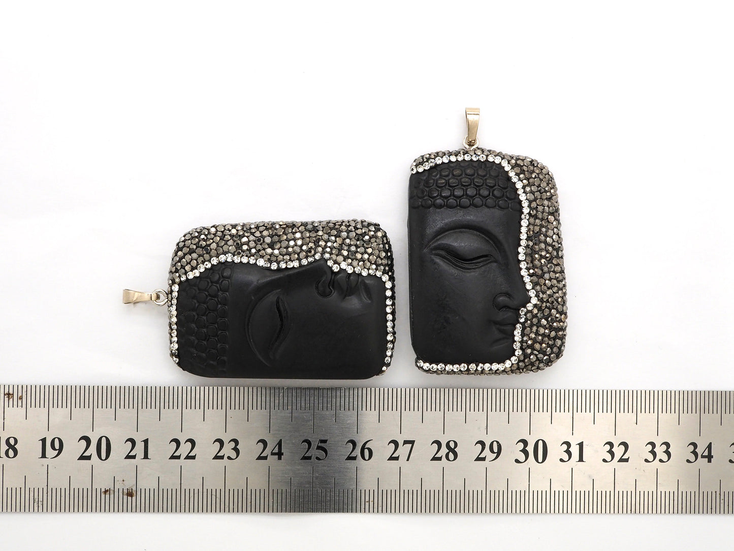 Rare Large Size Black Obsidian Buddha Head Pendant, Pave Crystal Rhinestone Encrusted Buddha Pendant,37x52x10mm,sku#V21