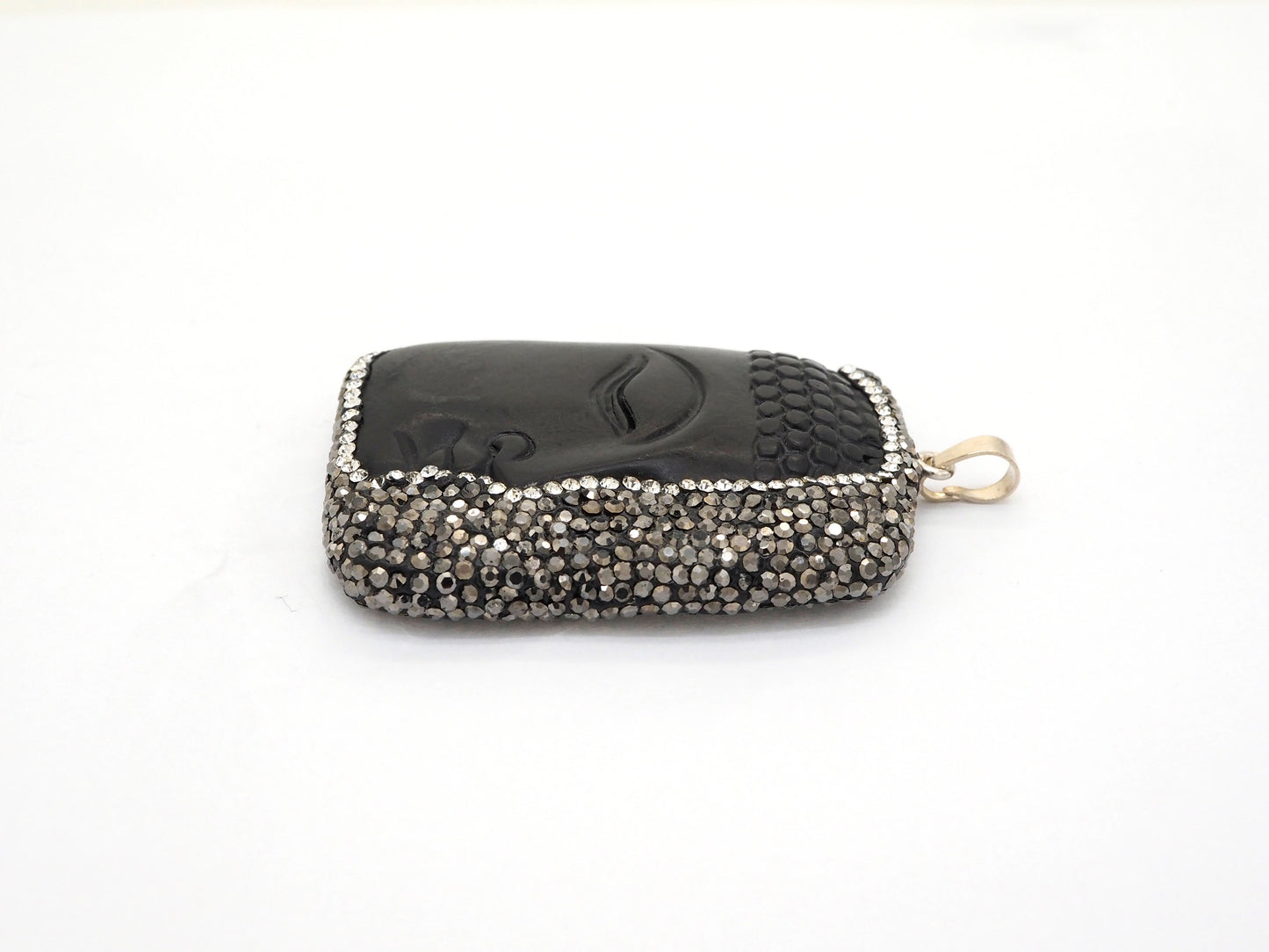 Rare Large Size Black Obsidian Buddha Head Pendant, Pave Crystal Rhinestone Encrusted Buddha Pendant,37x52x10mm,sku#V21