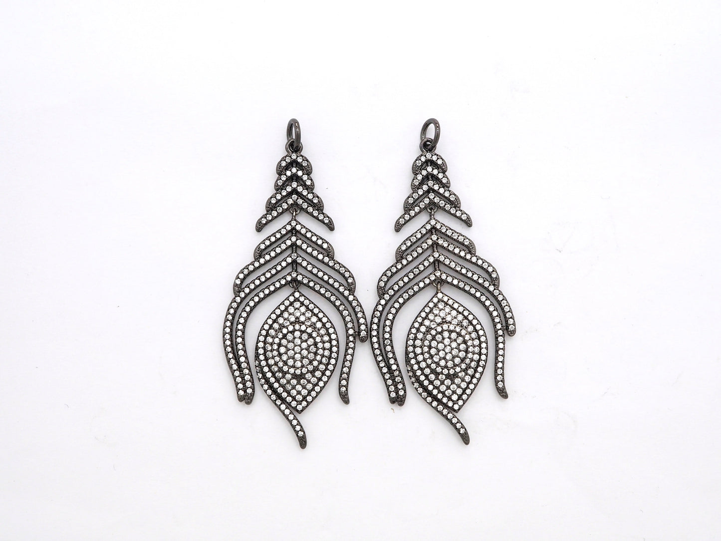 Large CZ Micro Pave Black Feather Pendant with  Evil Eye Beads,Cubic Zirconia pave Charm, Focal Pendant, 27x59mm,sku#F526