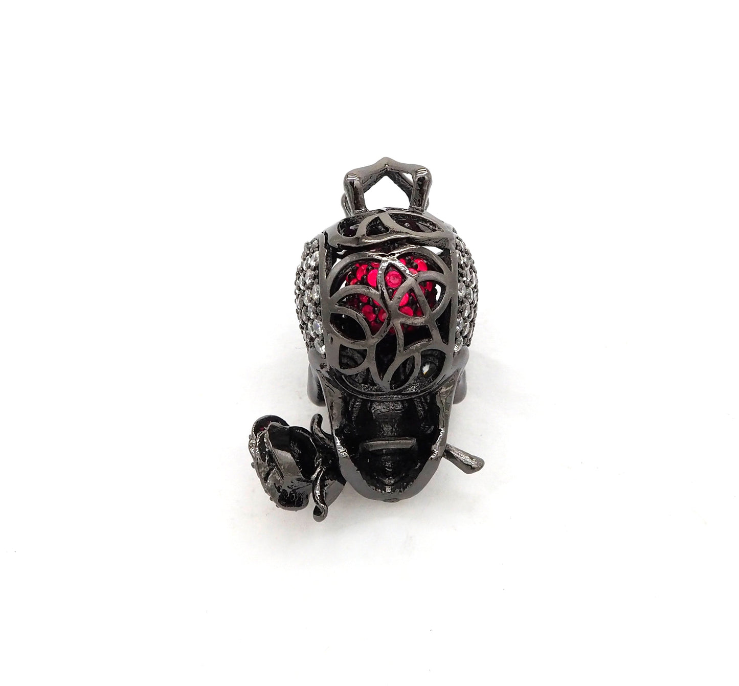 3D CZ Micro Pave Skull with Rose flower Moving Ball Pendant,Cubic Zirconia Skull Charm, Black/Silver/Rose gold/Gold Pendant,30x20mm,sku#F527